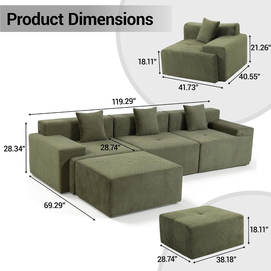 119'' Modular L-Shaped Boneless Sectional, Corduroy Deep Seat Cloud Sectional Couch, Small Space Sofa for Apartment Living Room Bedroom, No Assembly, Green