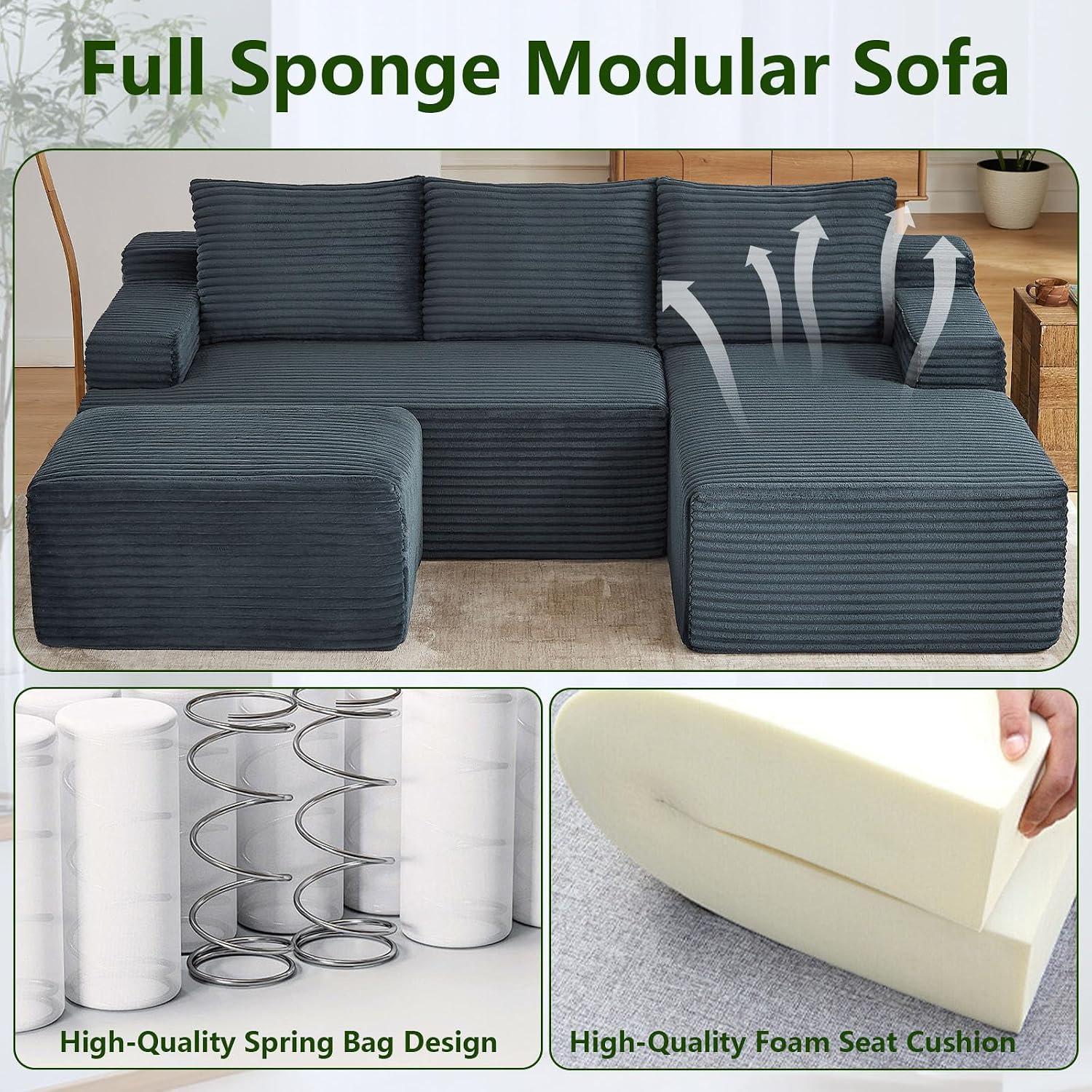 96.1' Modular Sectional Sofa with Ottoman, Modern Corduroy Cloud Couch, Boneless Couch Upholstered 3-Seater U-Shaped Sofa for Living Room, No Assembly (Dark Grey, Right-Facing Chaise)