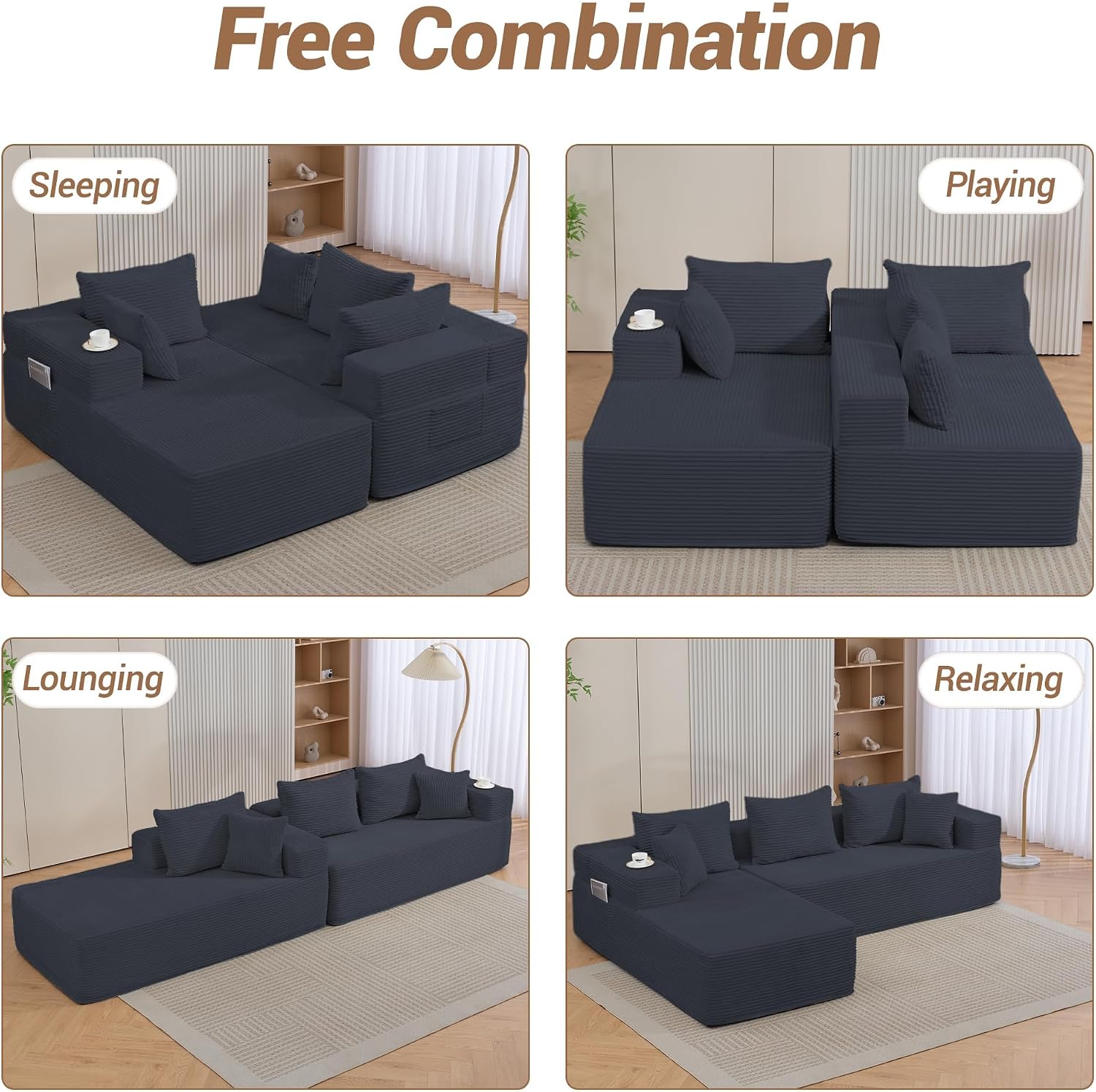 105'' Modular L-Shaped Boneless Sectional, Corduroy Deep Seat Cloud Sectional Couch, Small Space Sofa for Apartment Living Room Bedroom, No Assembly, Black