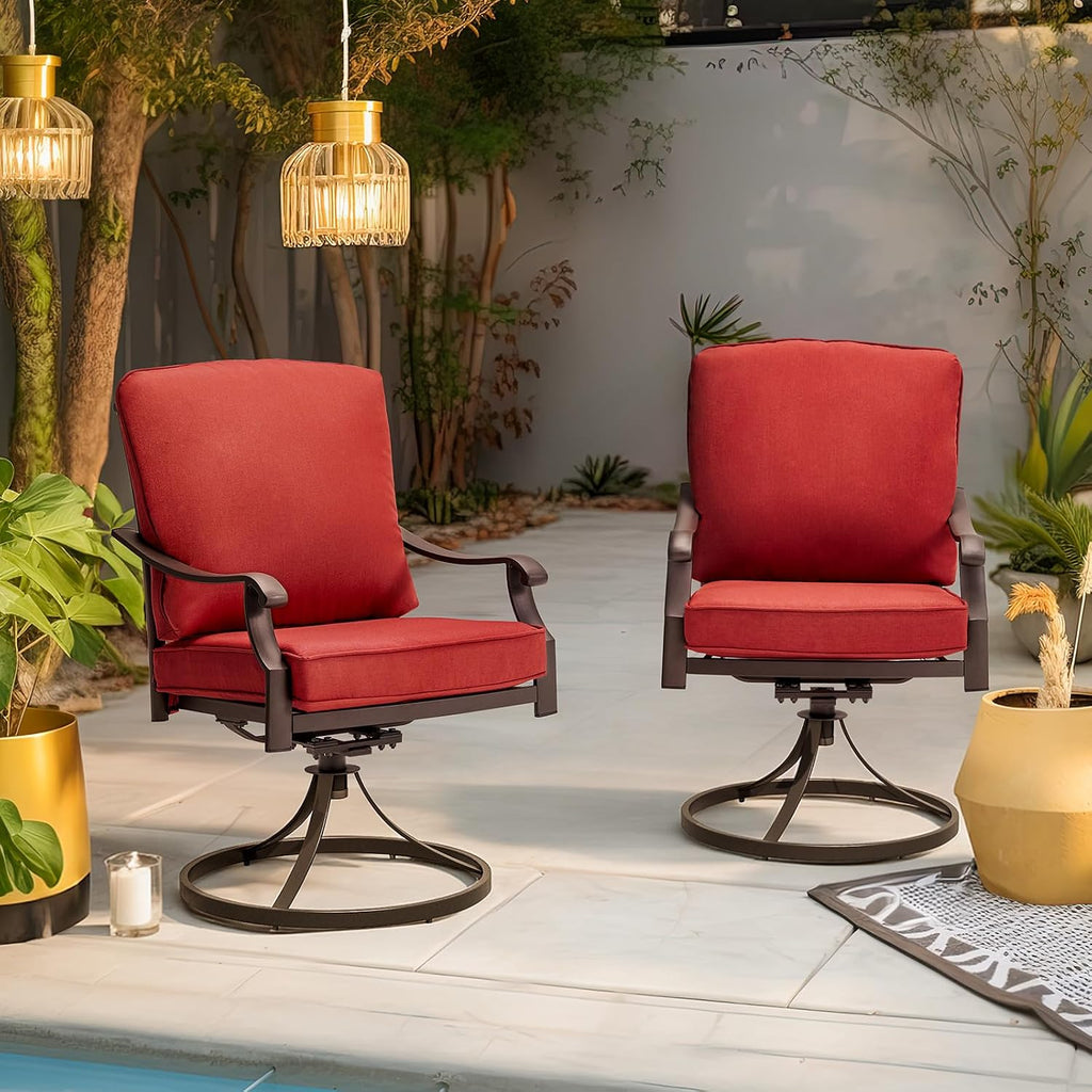 MELLCOM Patio Swivel Chair Set of 2, Heavy Duty Outdoor Dining Chairs with Thickened Cushions, Metal Patio Chairs Gentle Rocker for Outside, Garden Lawn & Porch, Backyard, Red