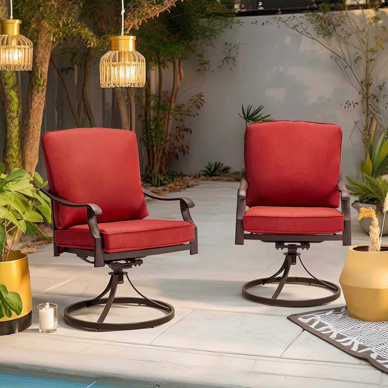 MELLCOM Patio Swivel Chair Set of 2, Heavy Duty Outdoor Dining Chairs with Thickened Cushions, Metal Patio Chairs Gentle Rocker for Outside, Garden Lawn & Porch, Backyard, Red