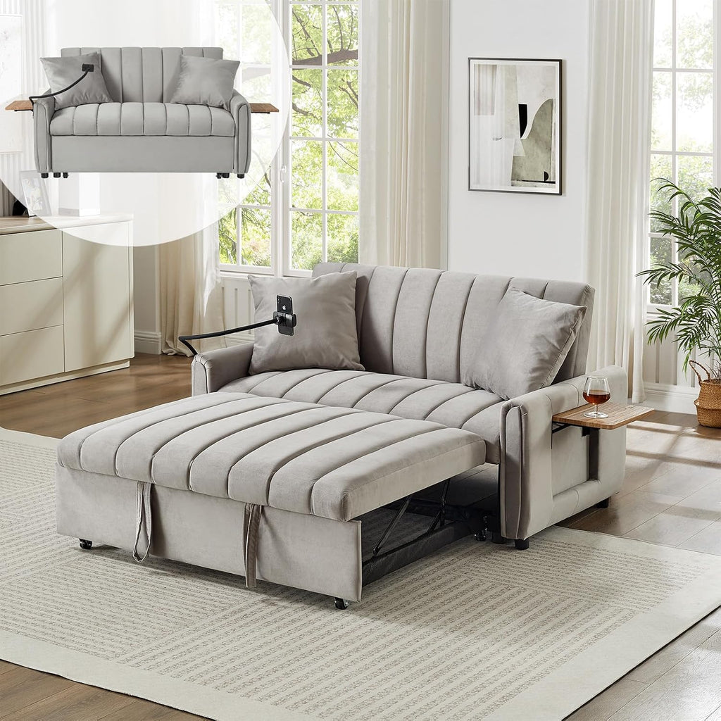 Convertible Sofa Bed, Pull Out Couch with 3-Position Reclining Backrest, Modern Velvet Upholstery Futon Sofa Bed, Loveseat Couch for Living Room, Apartments & Guest Rooms (Grey-2)