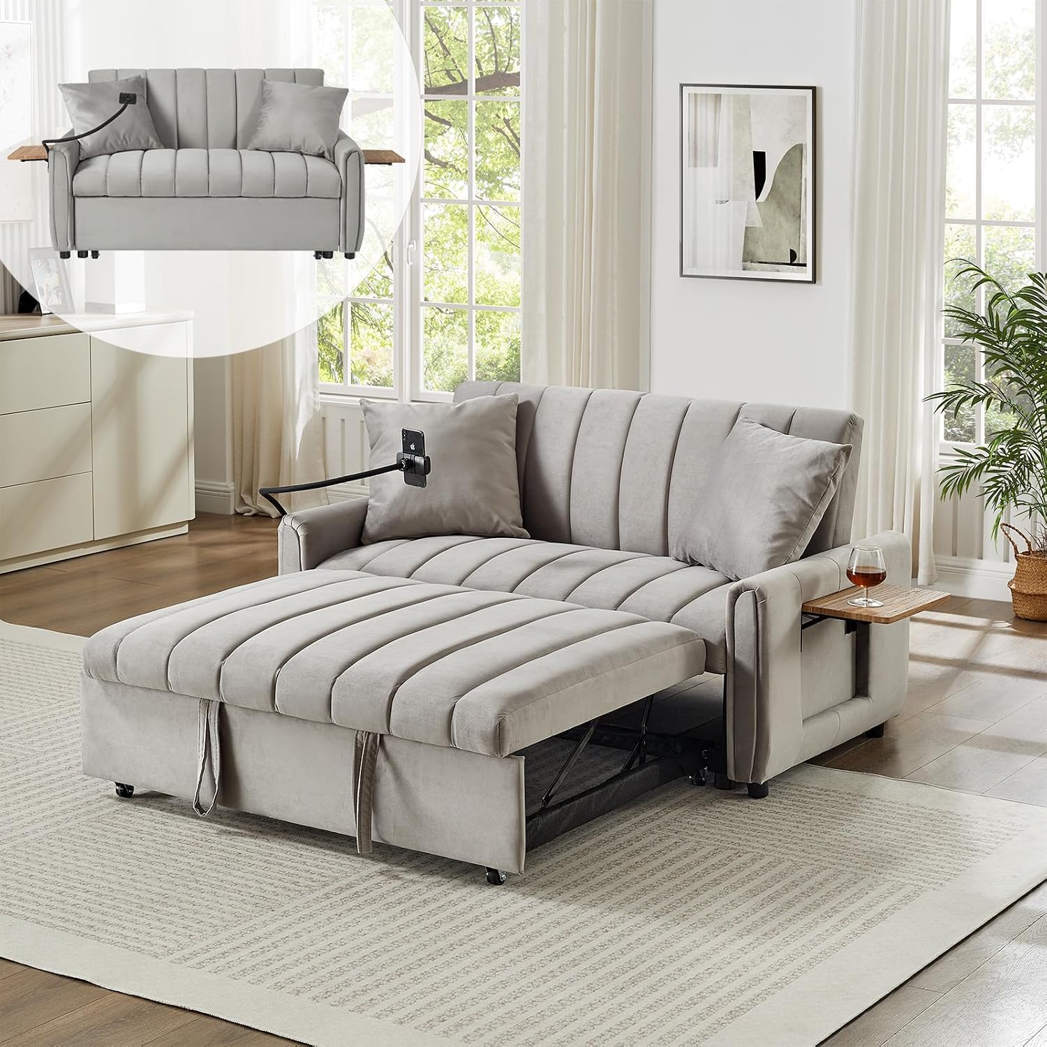 Convertible Sofa Bed, Pull Out Couch with 3-Position Reclining Backrest, Modern Velvet Upholstery Futon Sofa Bed, Loveseat Couch for Living Room, Apartments & Guest Rooms (Grey-2)