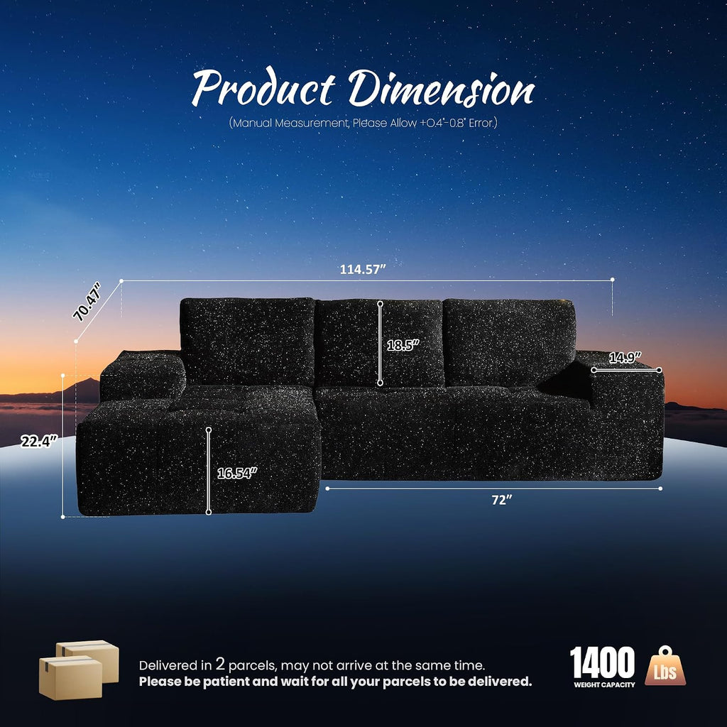 ovios 115' Cloud Boneless Couch with Glitter Fabric, Moudular Sectional Sofa with Deep Seat, No Assembly Required, Modern Minimalist L Shaped Couches with Chaise for Living Room, Black