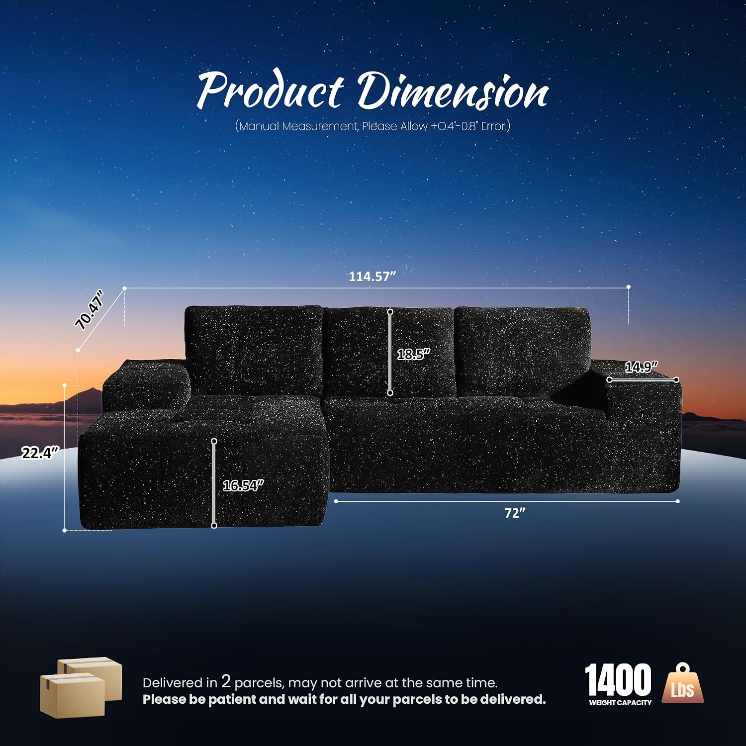 ovios 115' Cloud Boneless Couch with Glitter Fabric, Moudular Sectional Sofa with Deep Seat, No Assembly Required, Modern Minimalist L Shaped Couches with Chaise for Living Room, Black