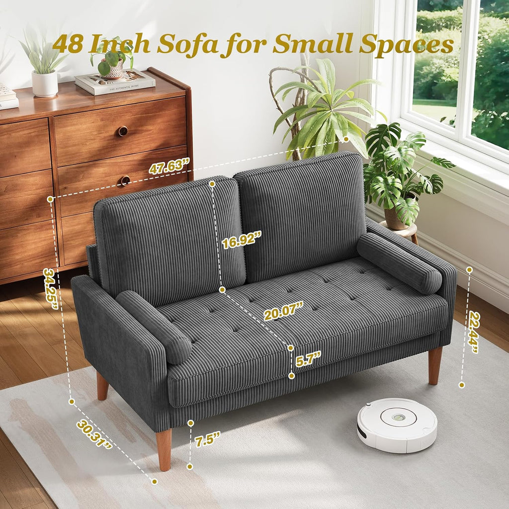 Vesgantti Loveseat Sofa with Solid Wood Legs, Small Corduroy Couches for Small Spaces, Mid Century Modern Love Seat for Living Room, Bedroom, Easy Assembly with Throw Pillow, Grey