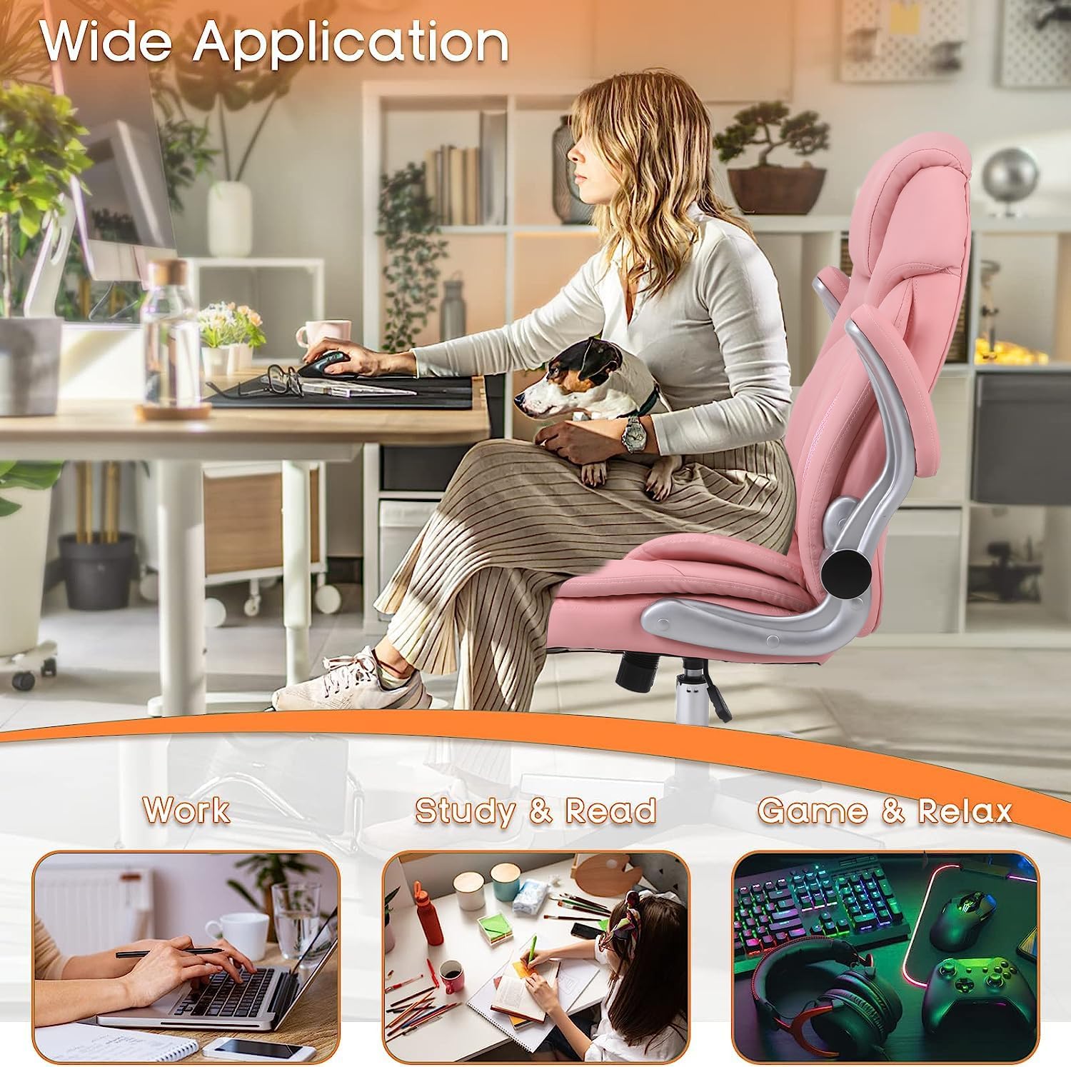 Ergonomic Executive Office Chairs with Adjustable Lumbar Support, 90-120° Rocking Managerial Chair Swivel Desk Chairs with Padded Flip-up Armrests (Pink), Medium(300lbs)