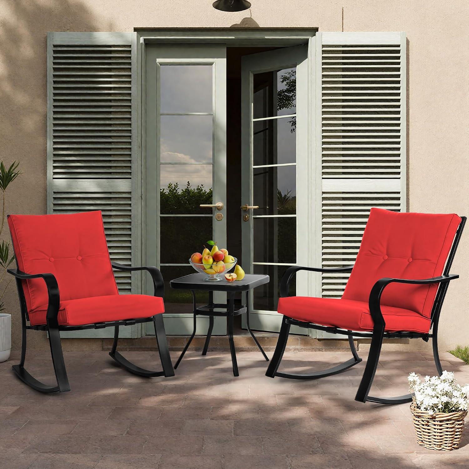 Incbruce 3 Piece Patio Bistro Set Outdoor Rocking Chairs Set, Porch Patio Conversation Chairs Set of 2 with Glass-Top Coffee Table (Red Thickened Cushion)