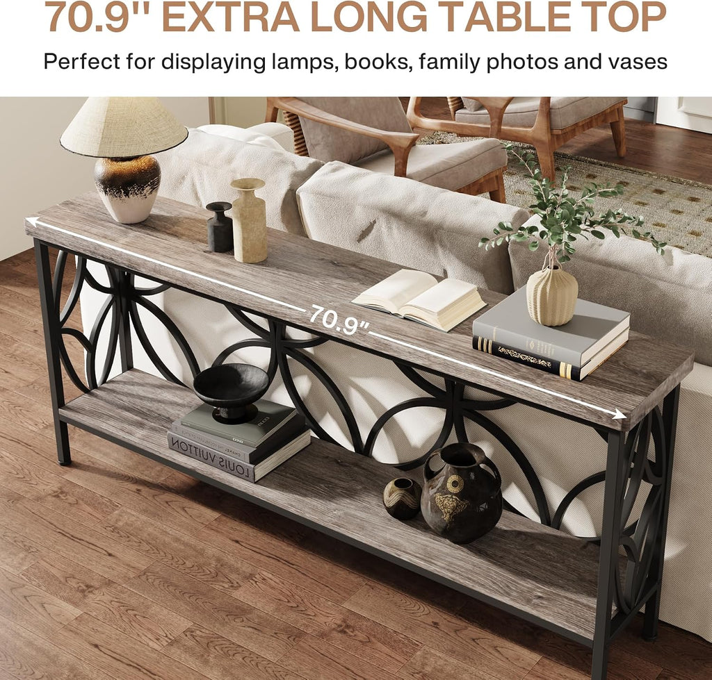 LITTLE TREE Sofa Table, 70.9 Inch Industrial Behind Couch Table with Storage Shelves, Narrow Long Console Table for Entryway, Living Room, Foyer, Hallway, Office