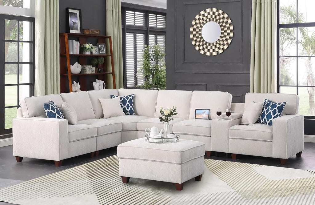 YOPTO 127' L-Shaped Sectional Couch with Movable Ottoman & 6 Throw Pillows,7 Seat Chenille Upholstered Sofa W/2 Cup Holder,USB Port & Hidden Storage Box,DIY Combination,for Living Room,Apartment,Beige