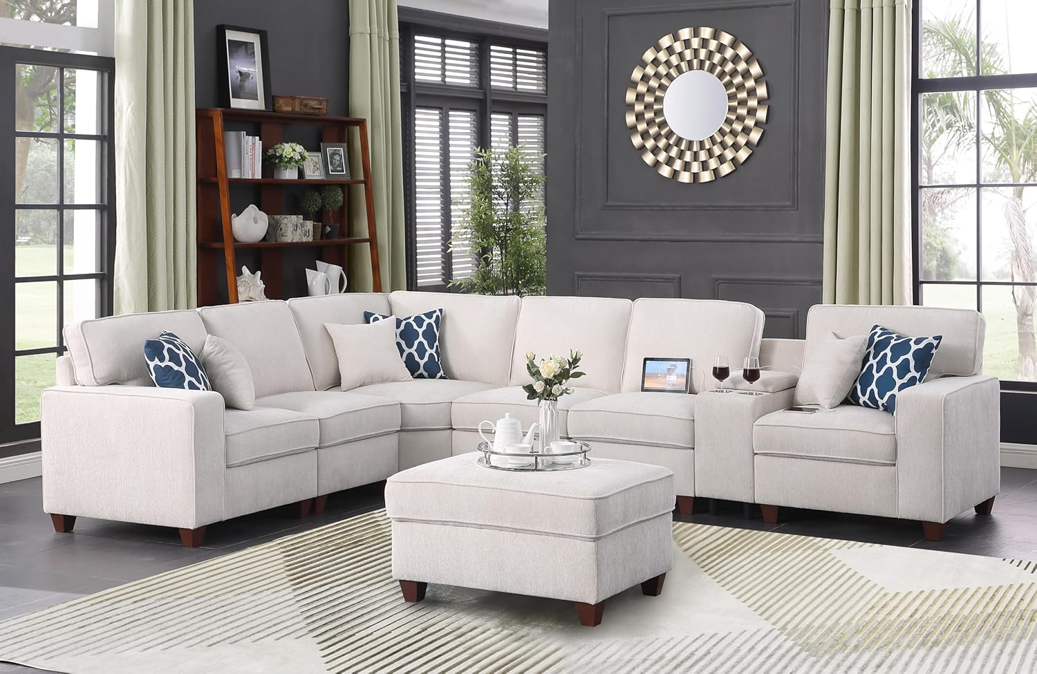 YOPTO 127' L-Shaped Sectional Couch with Movable Ottoman & 6 Throw Pillows,7 Seat Chenille Upholstered Sofa W/2 Cup Holder,USB Port & Hidden Storage Box,DIY Combination,for Living Room,Apartment,Beige