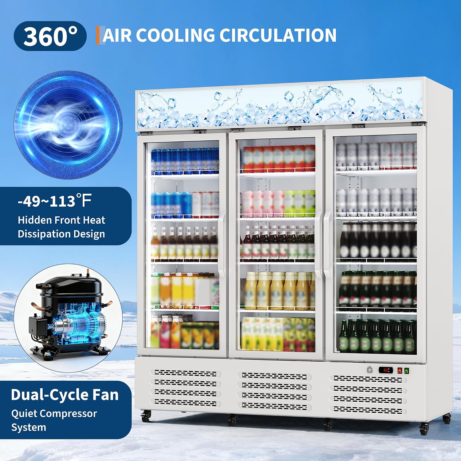 Garvee Commercial Beverage Refrigerator, 38.9 Cu.Ft. 3 Glass Door Display Refrigerator with 360° Circulation Cooling, Frost-Free, Soft LED Light, Adjustable Shelves Beverage Refrigerator Cooler