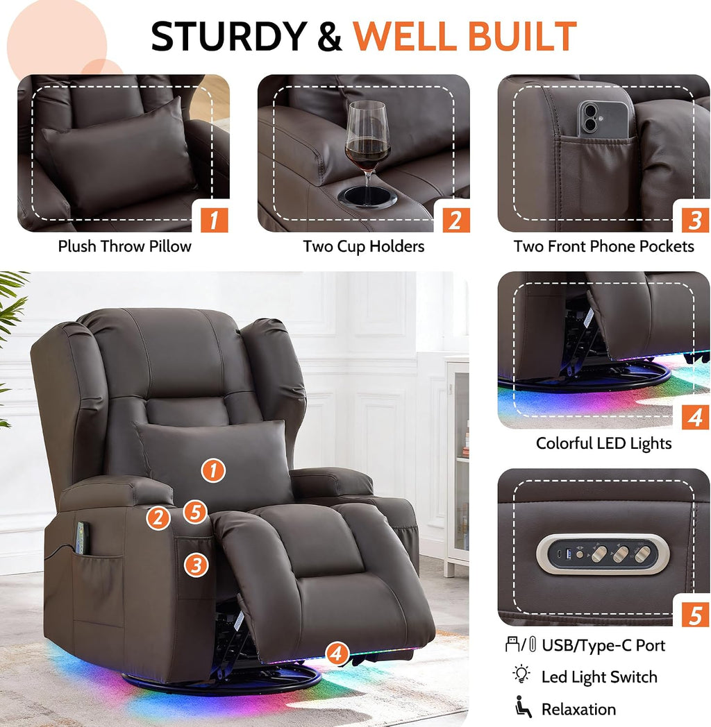BINGTOO Dual Motor Power Swivel Rocker Recliner Chair with Massage & Heat, Electric Wall Hugger Glider Chair for Adults, Nursery with LED Lights, USB-C Ports & Cup Holders, Faux Leather Brown, 1 Chair