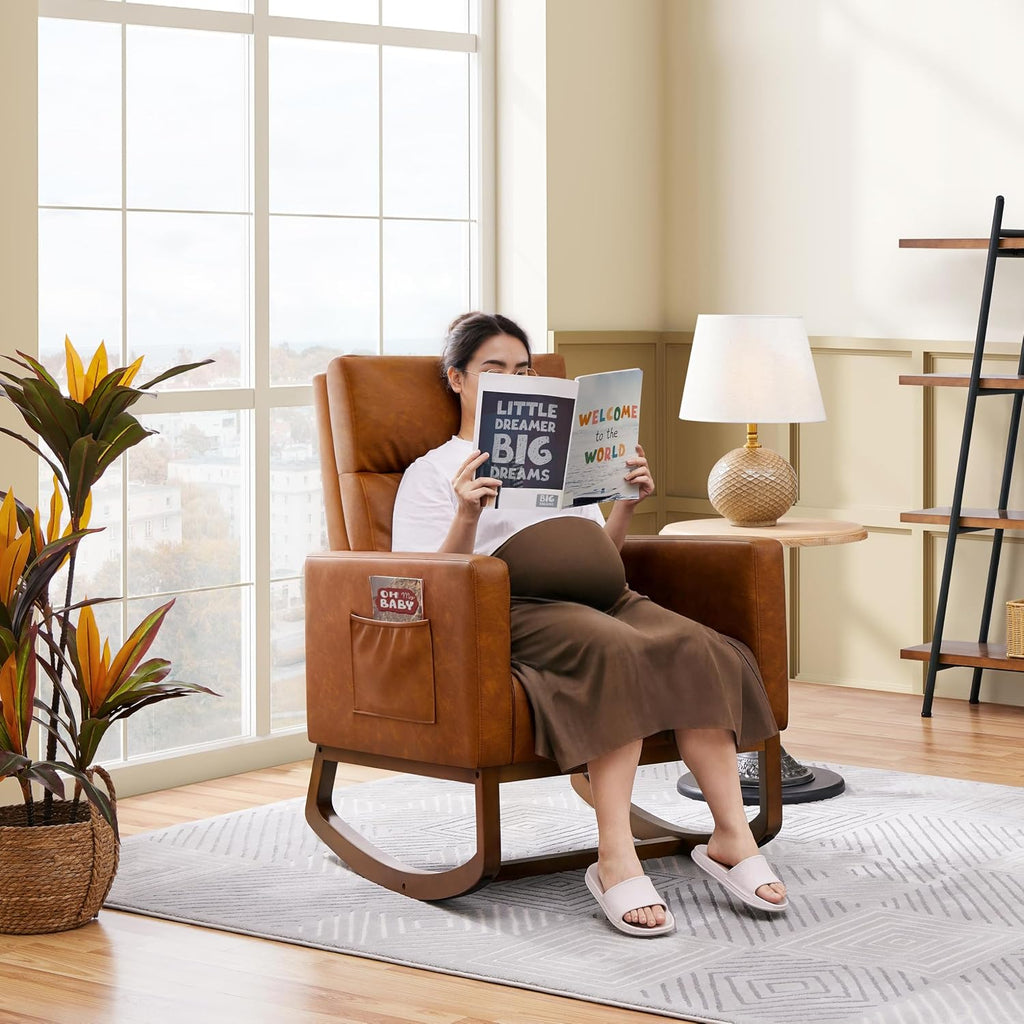 Topeakmart Nursery Rocking Chair, PU Leather Modern Accent Chair with Wood Legs Side Pocket Armchair Glider Rocker for Nursery Living Room Bedroom Lounge, Brown