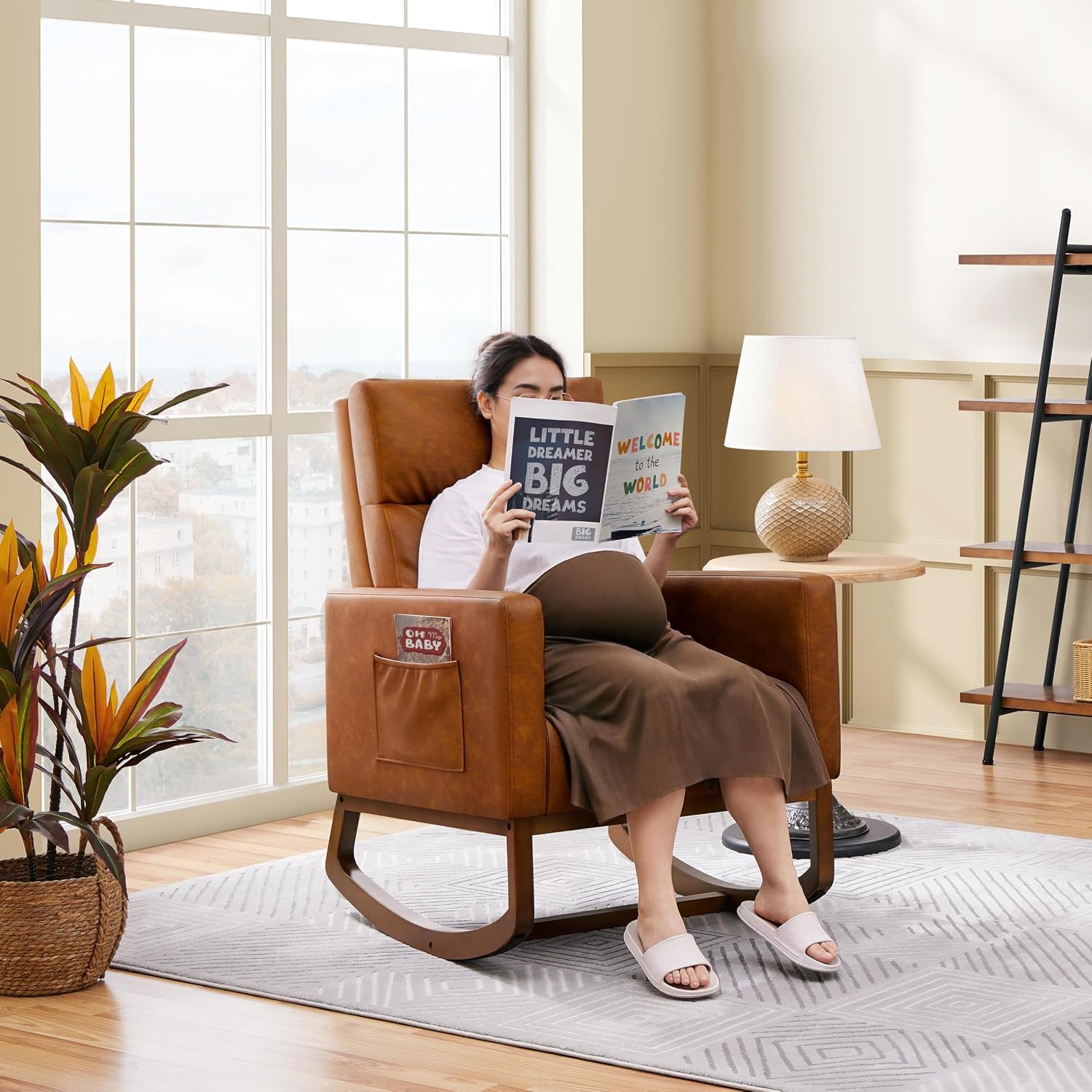 Topeakmart Nursery Rocking Chair, PU Leather Modern Accent Chair with Wood Legs Side Pocket Armchair Glider Rocker for Nursery Living Room Bedroom Lounge, Brown
