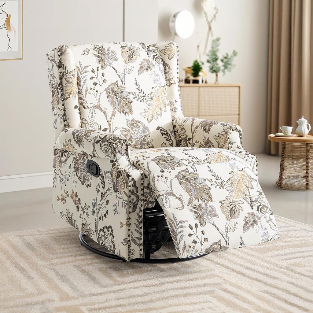 Swivel Rocker Recliner Chair, 360° Swivel Wingback Recliner Chairs for Adults, Upholstered Printed Fabric Glider Rocking Chair with High Back, Deep Seat for Living Romm Bedroom, Plants Beige