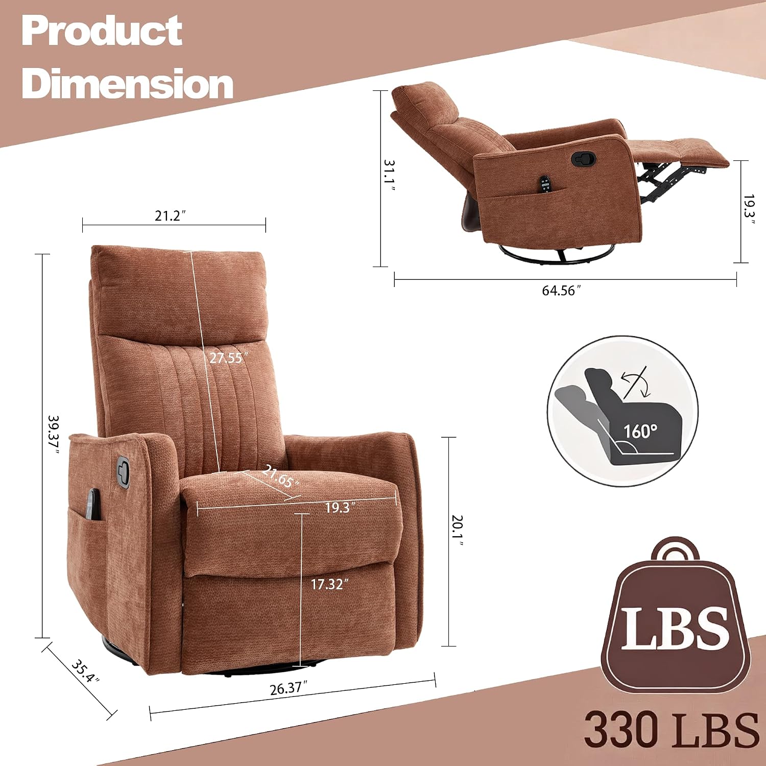 Casaphoria 360° Swivel Rocking Recliner Chair with Heat and Massage Upholstered Fabric Nursery Glider with Side Pocket for Living Room,Bedroom,Home Theater and RV Small Space(Orange)