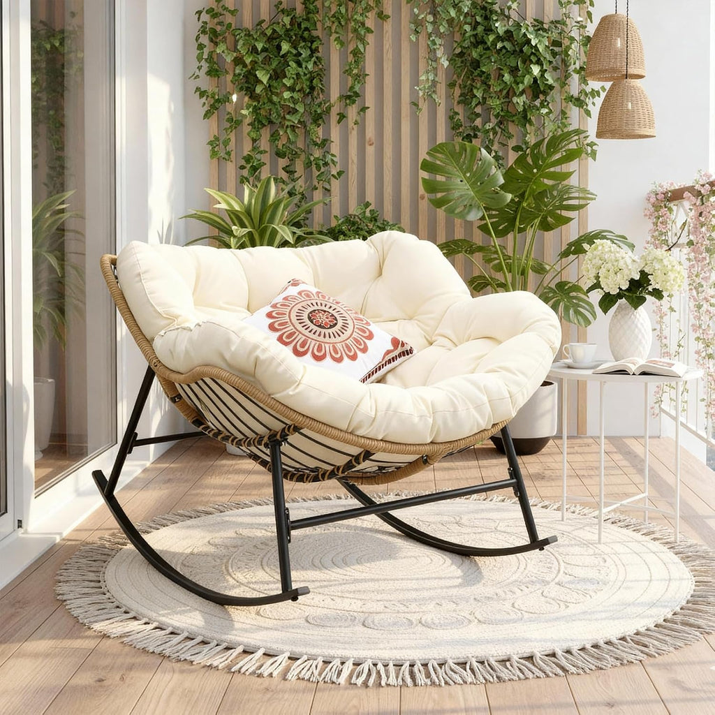 FINCATI Outdoor Indoor Papasan Rocking Chair, Oversized Wicker Rattan Recliner with Cushion, Comfy Large Wide Patio Lounge Egg Chairs, 450 Lbs Heavy Duty Rocker for Balcony Garden Living Room Beige