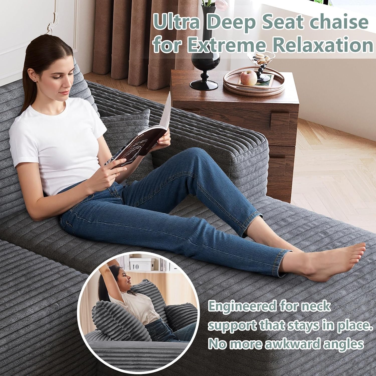 95' Modular Sectional Sofa with Ottoman, Modern Corduroy Cloud Couch Deep Seat, Boneless Couch Upholstered 3-Seater U-Shaped Sofa for Living Room, No Assembly (Dark Gray,Right-Facing Chaise)