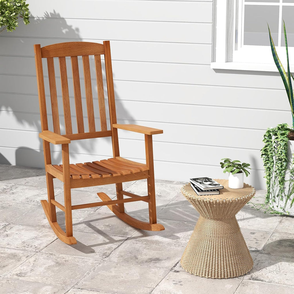 Tangkula Patio Rocking Chair with 400 lbs Weight Capacity, Eucalyptus Wood Porch Rocker with High Back, Patio Rocker Chair for Indoor and Outdoor Use (2)