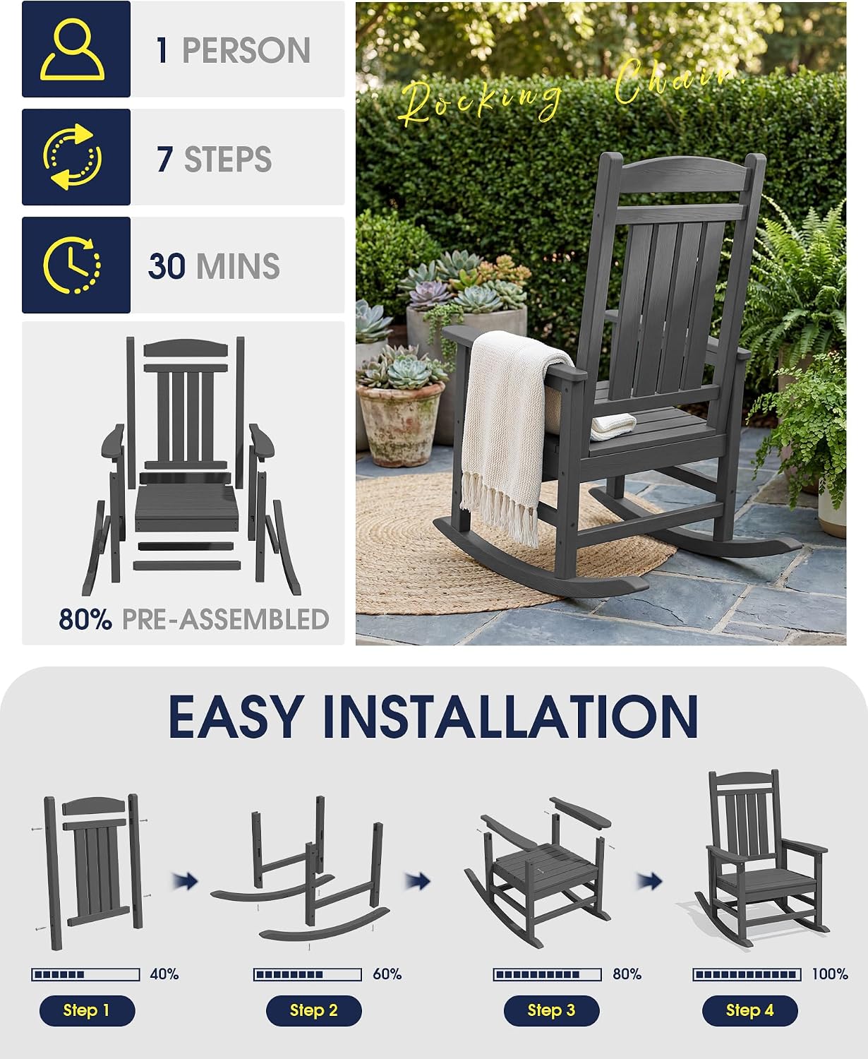 KINGYES Oversized HDPE Patio Rocking Chair Set of 4, Outdoor Rocking Chairs Porch Recliner Rocker for Adults, Grey