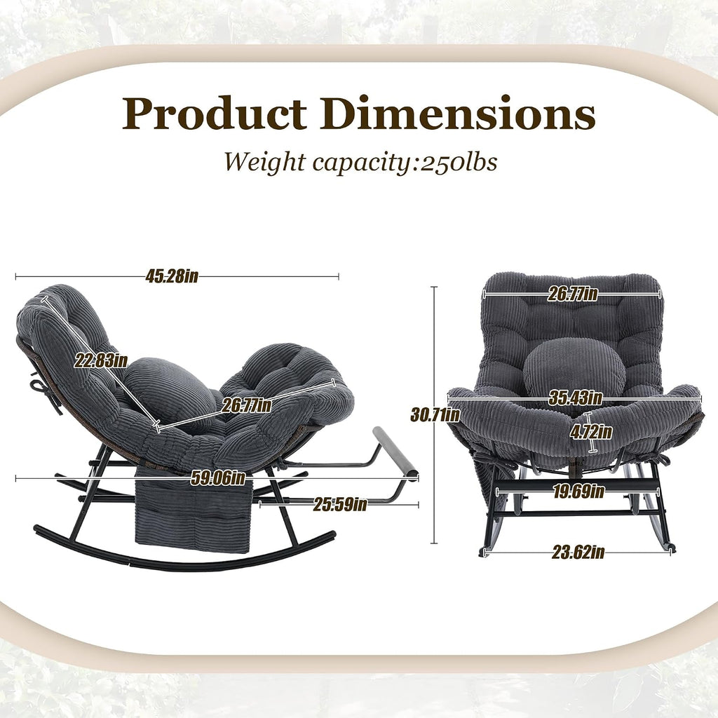 Rocking Chair Indoor & Outdoor, Oversized Patio Papasan Recliner Chair with Footstool Pillow & Side Pocket for Bedroom, Living Room, Garden, Balcony, Lawn (Dark Grey)