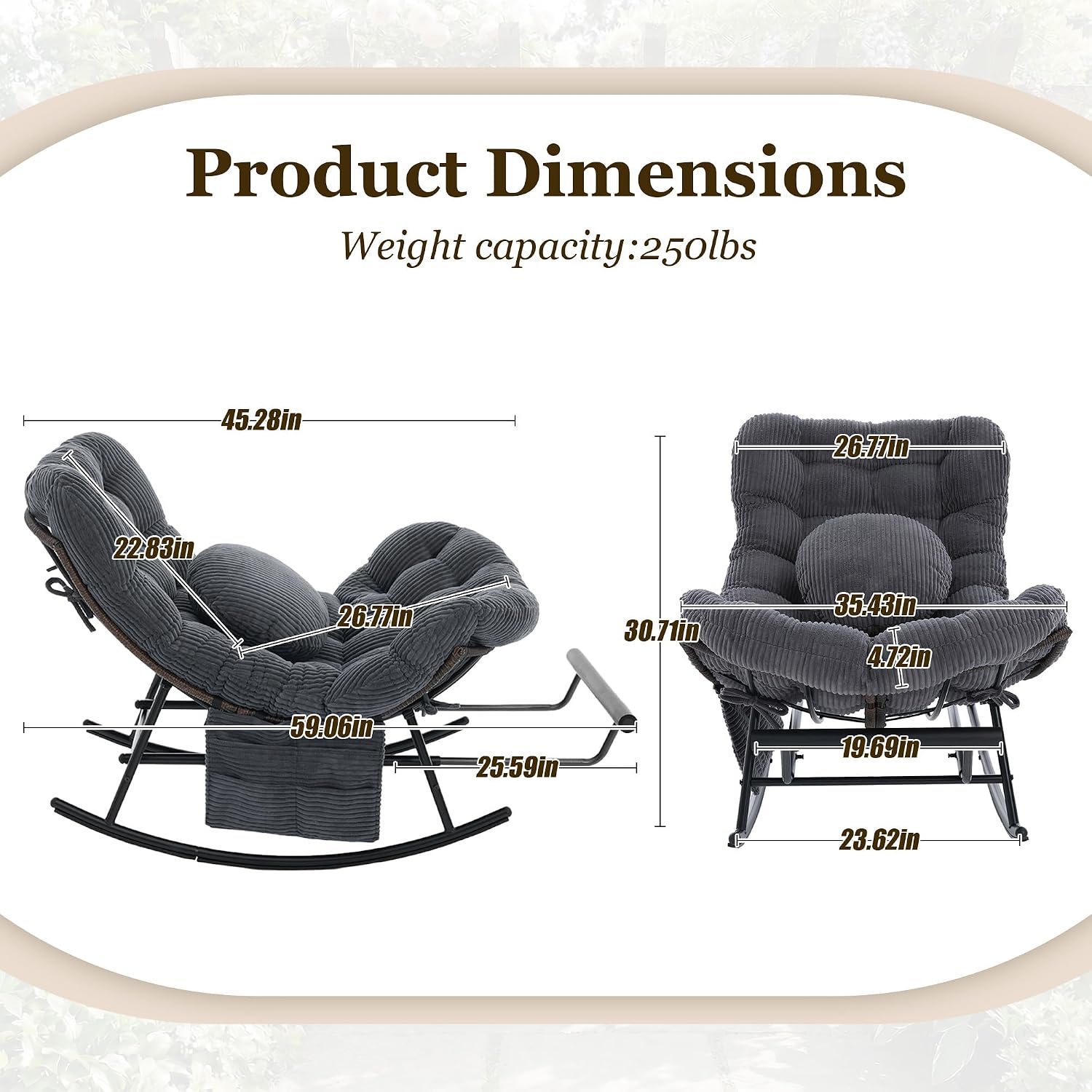 Rocking Chair Indoor & Outdoor, Oversized Patio Papasan Recliner Chair with Footstool Pillow & Side Pocket for Bedroom, Living Room, Garden, Balcony, Lawn (Dark Grey)