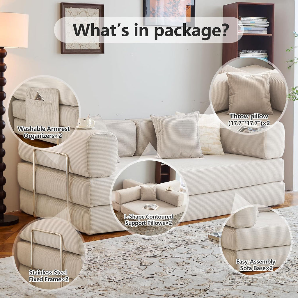 78.8' Convertible Sofa Bed -Compression Sofa with Corduroy Fabric - with Armrests and Backrest - Modular Sectional for Living Room, Bedroom, Studio - Compression Sofa in Box (Beige)