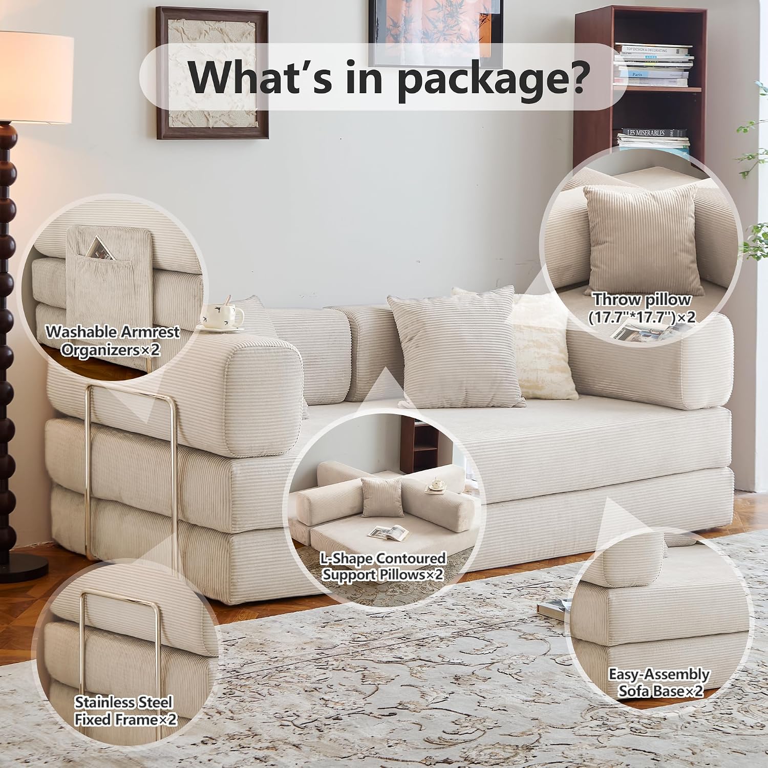 78.8' Convertible Sofa Bed -Compression Sofa with Corduroy Fabric - with Armrests and Backrest - Modular Sectional for Living Room, Bedroom, Studio - Compression Sofa in Box (Beige)