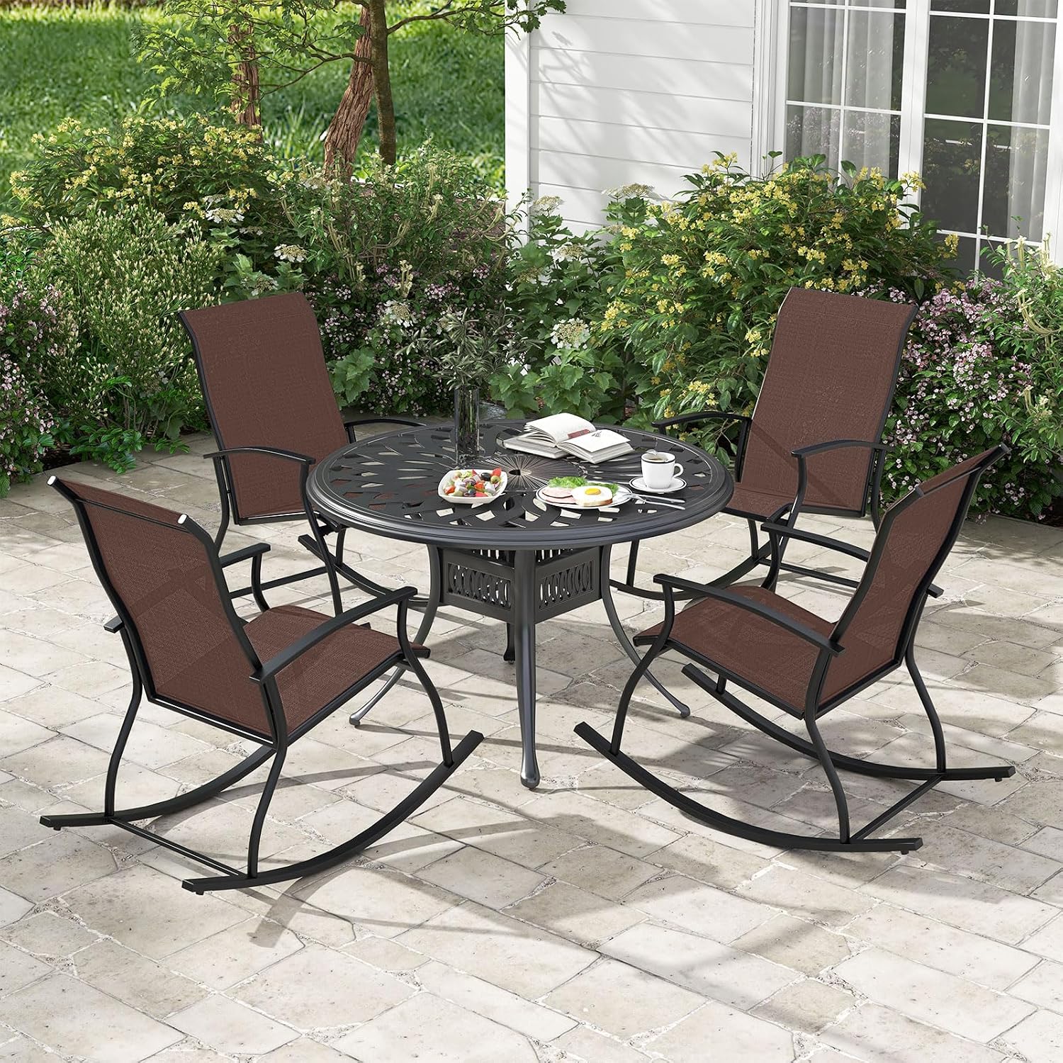 Tangkula Patio Rocking Chairs Set of 2, Outdoor Rocking Chair with Smooth & Safe Rocking Motion, Ergonomic Backrest, Breathable Fabric, All-Weather Outdoor Rocker for Backyard, Poolside (1, Brown)
