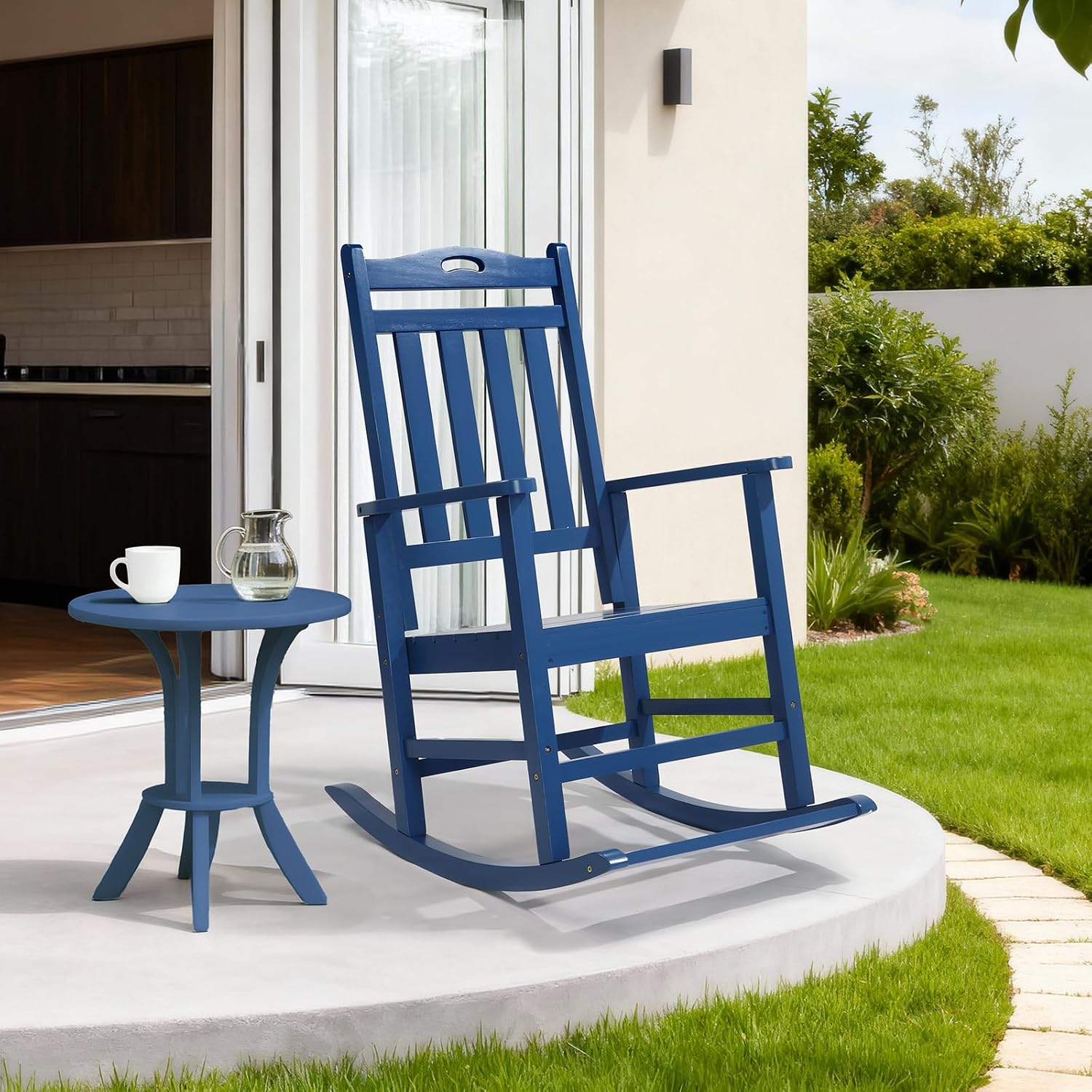 VINGLI Outdoor Rocking Chair with Footrest, Wooden Rocking Chair with 450 LBS Weight Capacity, Patio Rocker with Comfortable Backrest for Garden, Yard (Navy Blue, 2PCS)