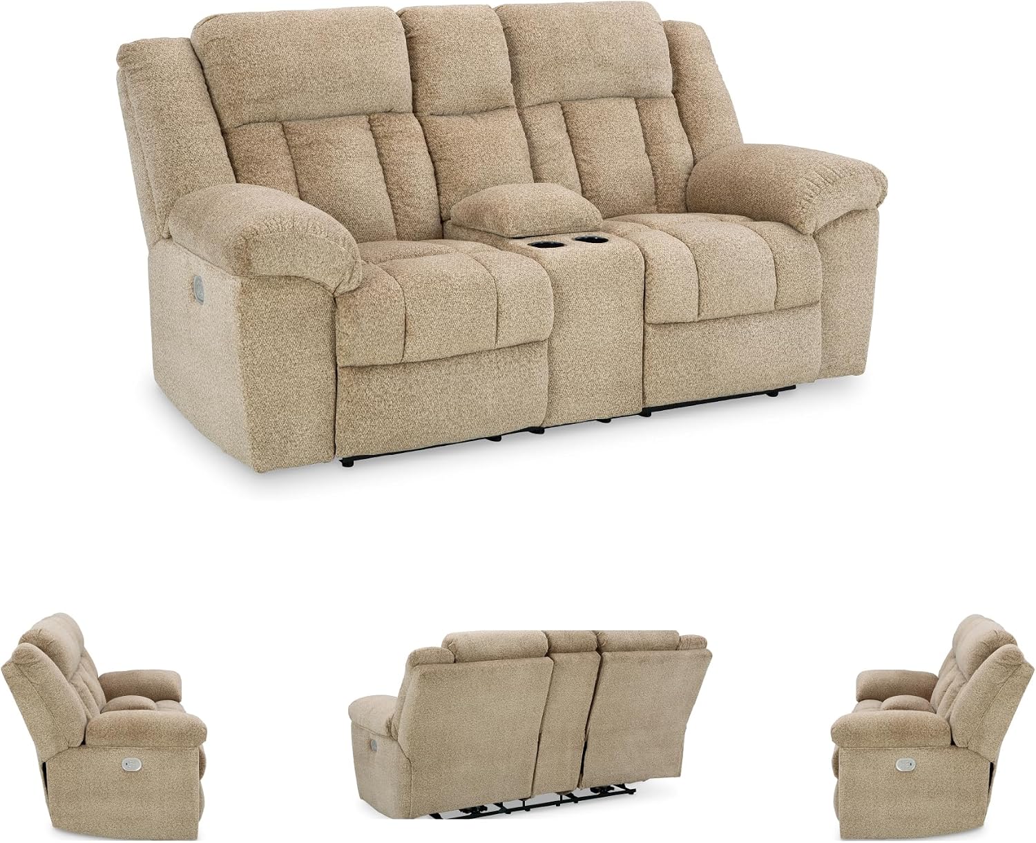 Signature Design by Ashley Tip-Off Classic Wall Hugger Power Reclining Loveseat with Adjustable Headrest, USB Ports, Storage and Cup Holders, Light Brown