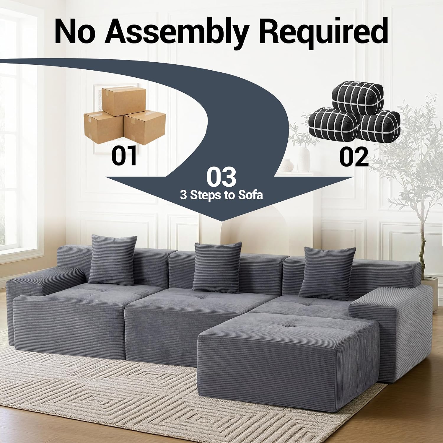 119'' Modular L-Shaped Boneless Sectional, Corduroy Deep Seat Cloud Sectional Couch, Small Space Sofa for Apartment Living Room Bedroom, No Assembly, Grey