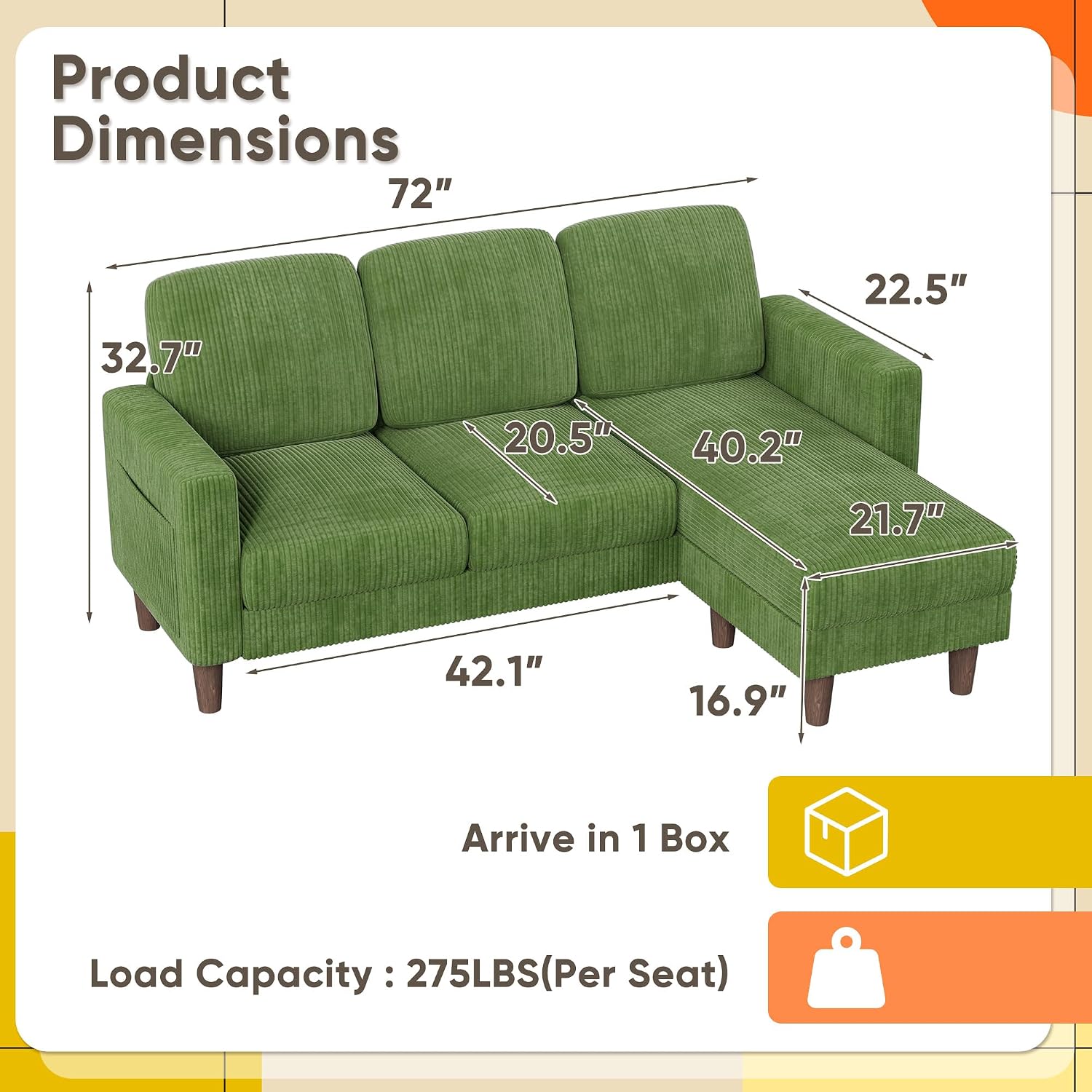YESHOMY Couches for Living Room, Sofa with Movable Ottoman, Small Couch with Reversible Chaise and Side Pockets, L Shaped Couch for Small Space, Apartment (Corduroy, Green)