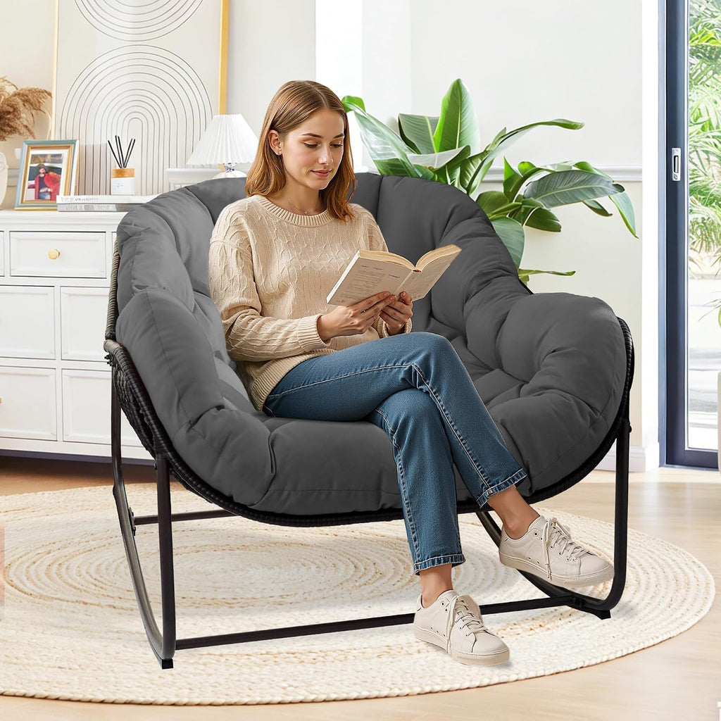Papasan Rocking Chair Indoor & Outdoor, Oversized Egg-Shaped Papasan Rocker with Cushion & Pillow, All-Weather Wicker Patio Lounge Chair for Garden, Porch, Living Room (Gray)