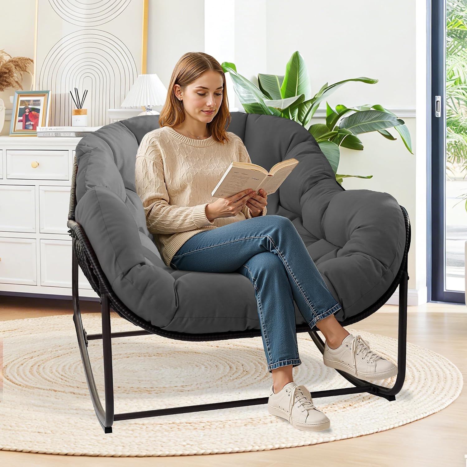 Papasan Rocking Chair Indoor & Outdoor, Oversized Egg-Shaped Papasan Rocker with Cushion & Pillow, All-Weather Wicker Patio Lounge Chair for Garden, Porch, Living Room (Gray)