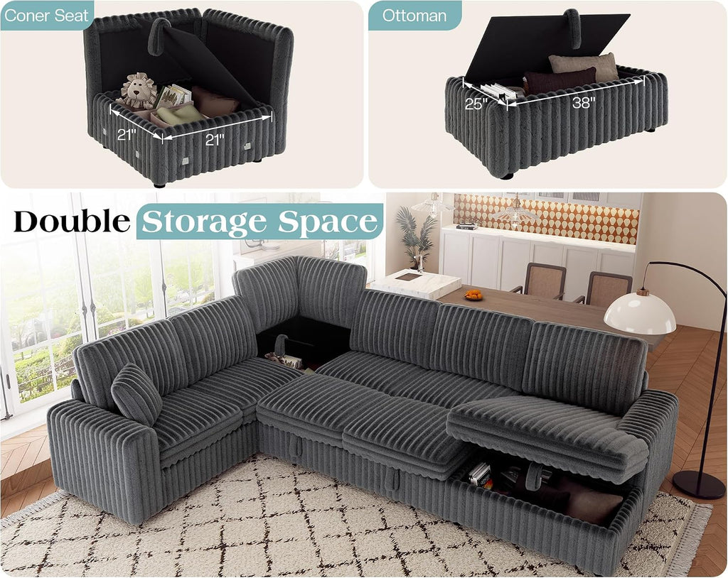VanAcc 130' Sofa Bed, Sectional Sleeper Sofa with Pull Out Bed, Sleeper Couch for Living Room, 6 Seater Couch with Storage, Faux Fur Dark Grey
