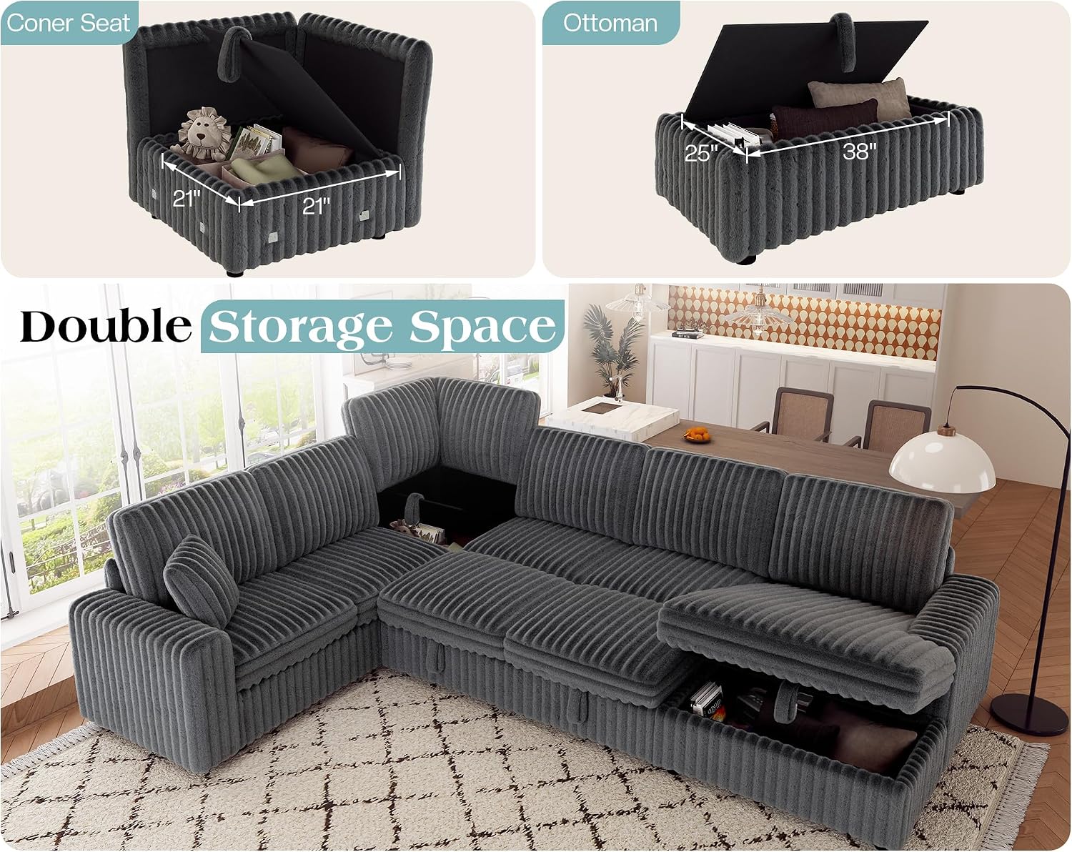 VanAcc 130' Sofa Bed, Sectional Sleeper Sofa with Pull Out Bed, Sleeper Couch for Living Room, 6 Seater Couch with Storage, Faux Fur Dark Grey