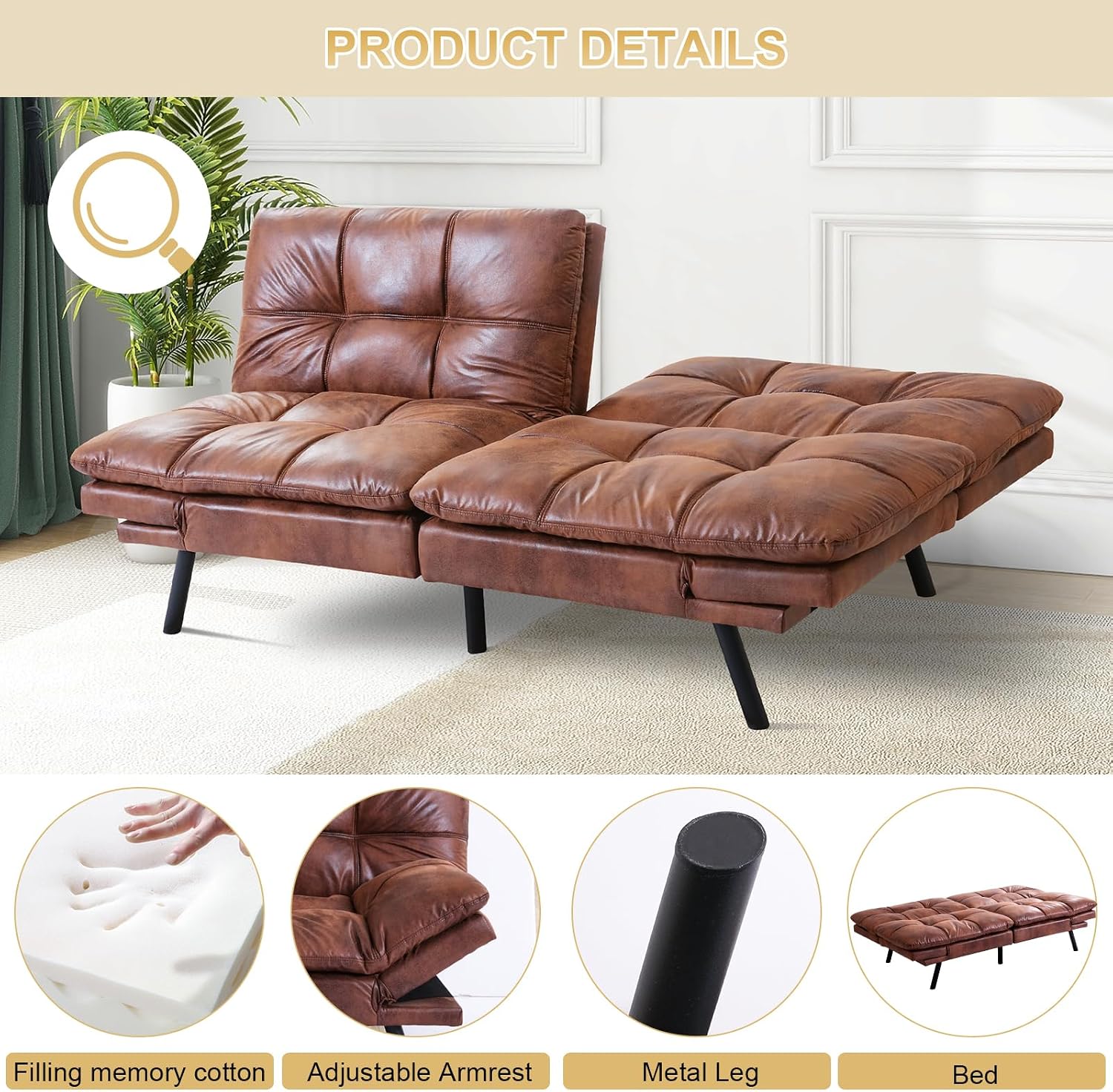 MUUEGM Futon Convertible Sofa Bed, Memory Foam Sleeper Couch,Modern Loveseat for Living Room,Adjustable Armrests Backrest Sofabed, Brown,Faux Leather.