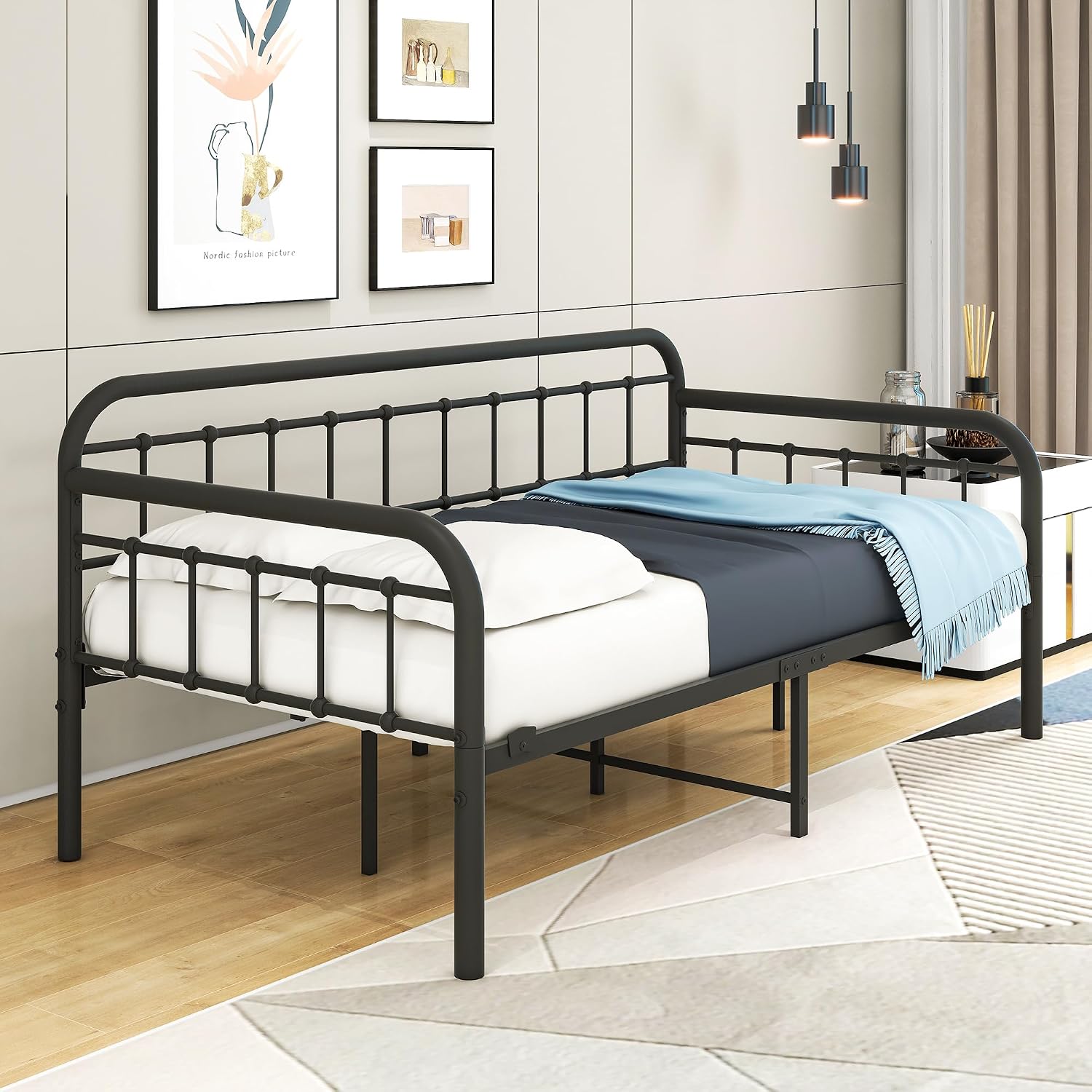 HOMERECOMMEND Metal Daybed Frame Heavy Duty Metal Slats Sofa Bed Platform Mattress Foundation Twin Day Bed Black Sanded Color