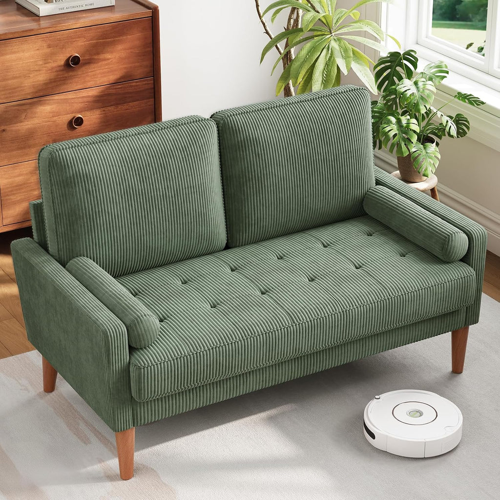 Vesgantti Loveseat Sofa with Solid Wood Legs,48' Small Corduroy Couches for Small Spaces, Mid Century Modern Love Seat for Living Room, Bedroom, Easy Assembly with Throw Pillow, Green