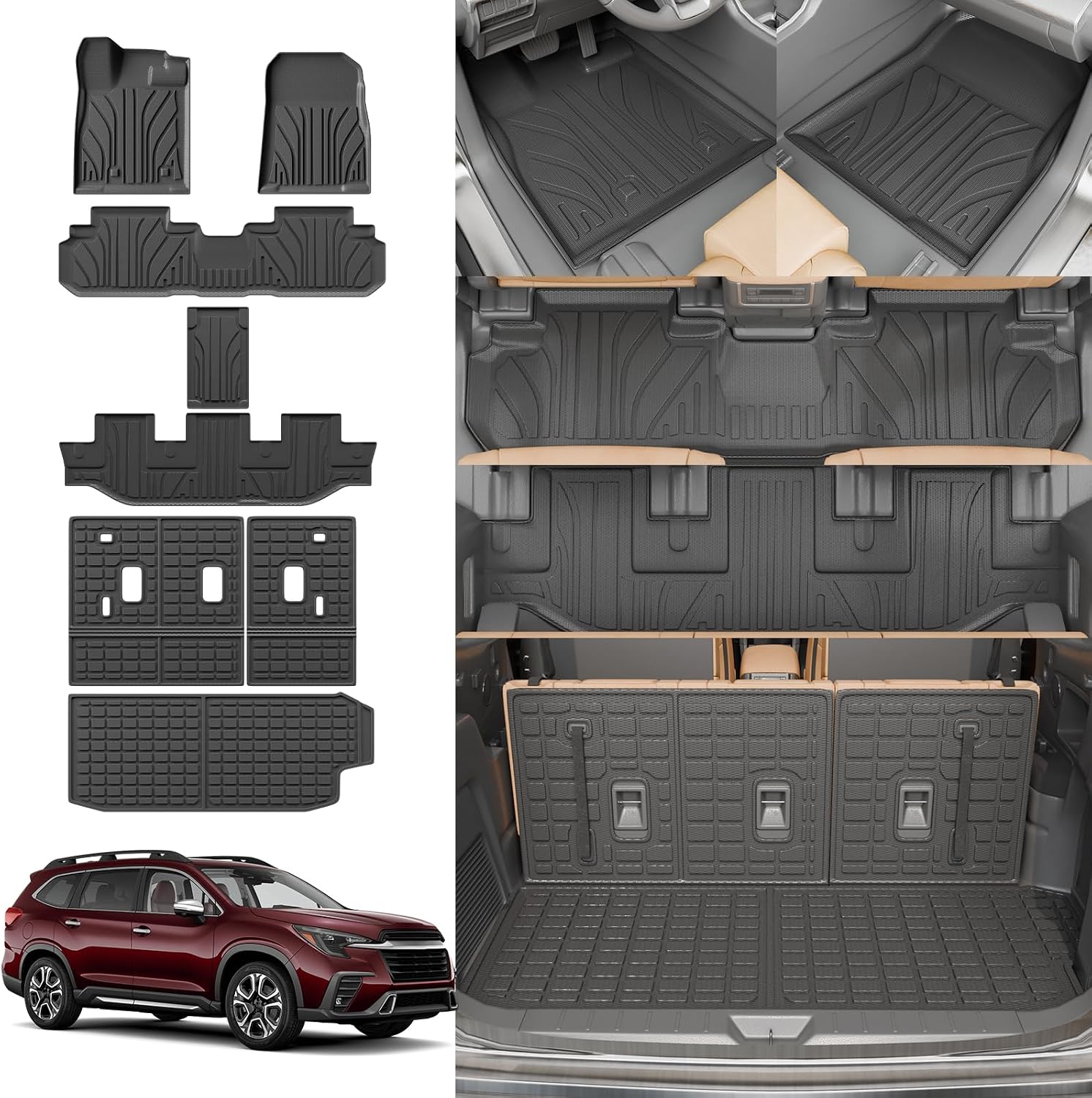 Floor Mats Compatible with 2019-2025 2026 Subaru Ascent Cargo Mat Liner TPE Back Seat Cover Protector 2023 Ascent Accessories (Fit 7&8 Seats, Trunk Mat+3rd Row Backrest Mats+Floor Mats)