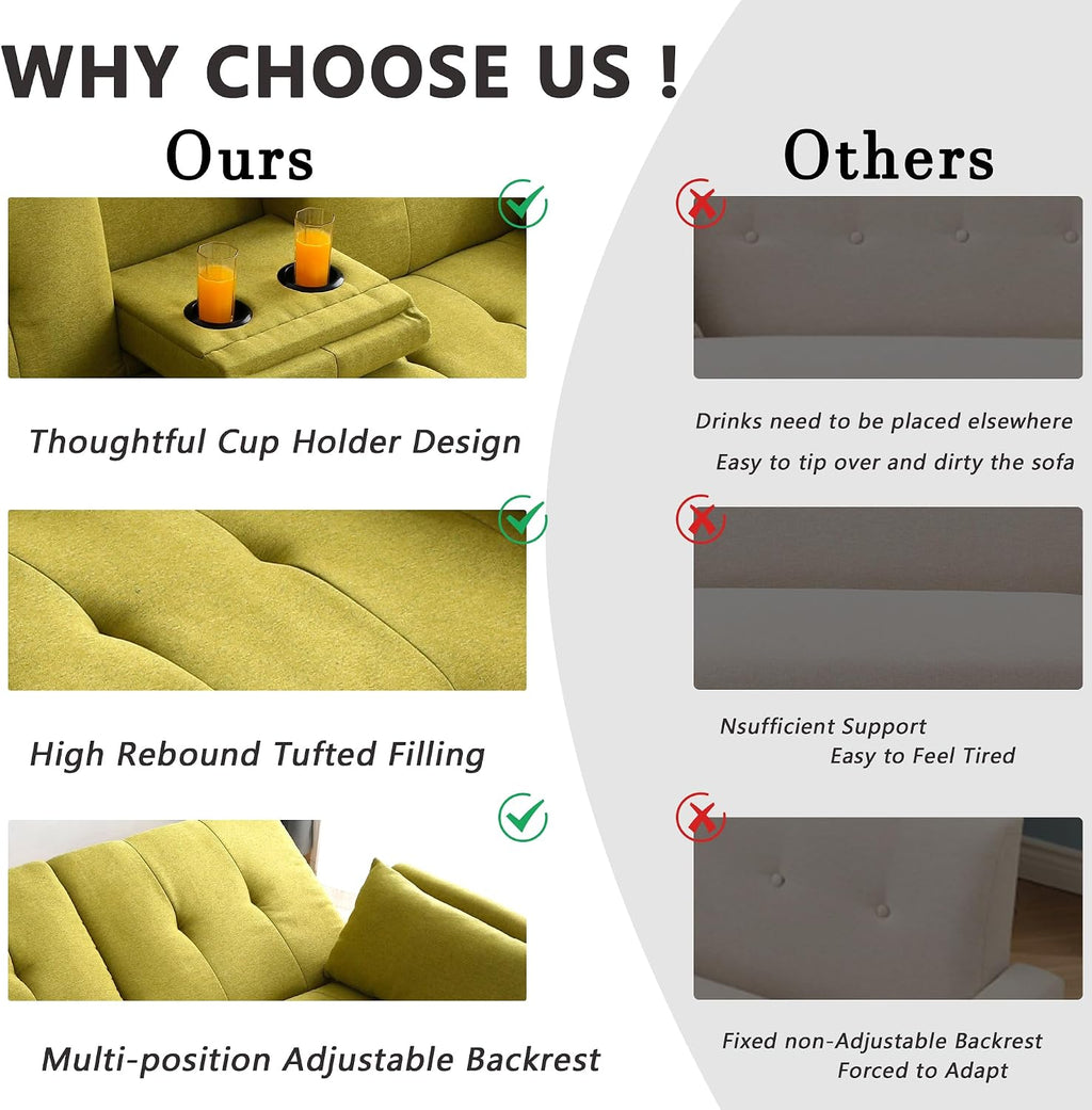 70' Futon Sofa with Cupholders,Adjustable Backrest Cotton Linen with Cup Holders and 2 Throw Pillows Sleeper Sofa for Living Room Apartment Small Space (Grass Green)