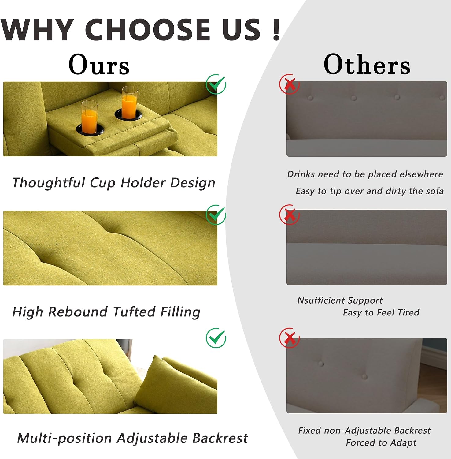 70' Futon Sofa with Cupholders,Adjustable Backrest Cotton Linen with Cup Holders and 2 Throw Pillows Sleeper Sofa for Living Room Apartment Small Space (Grass Green)