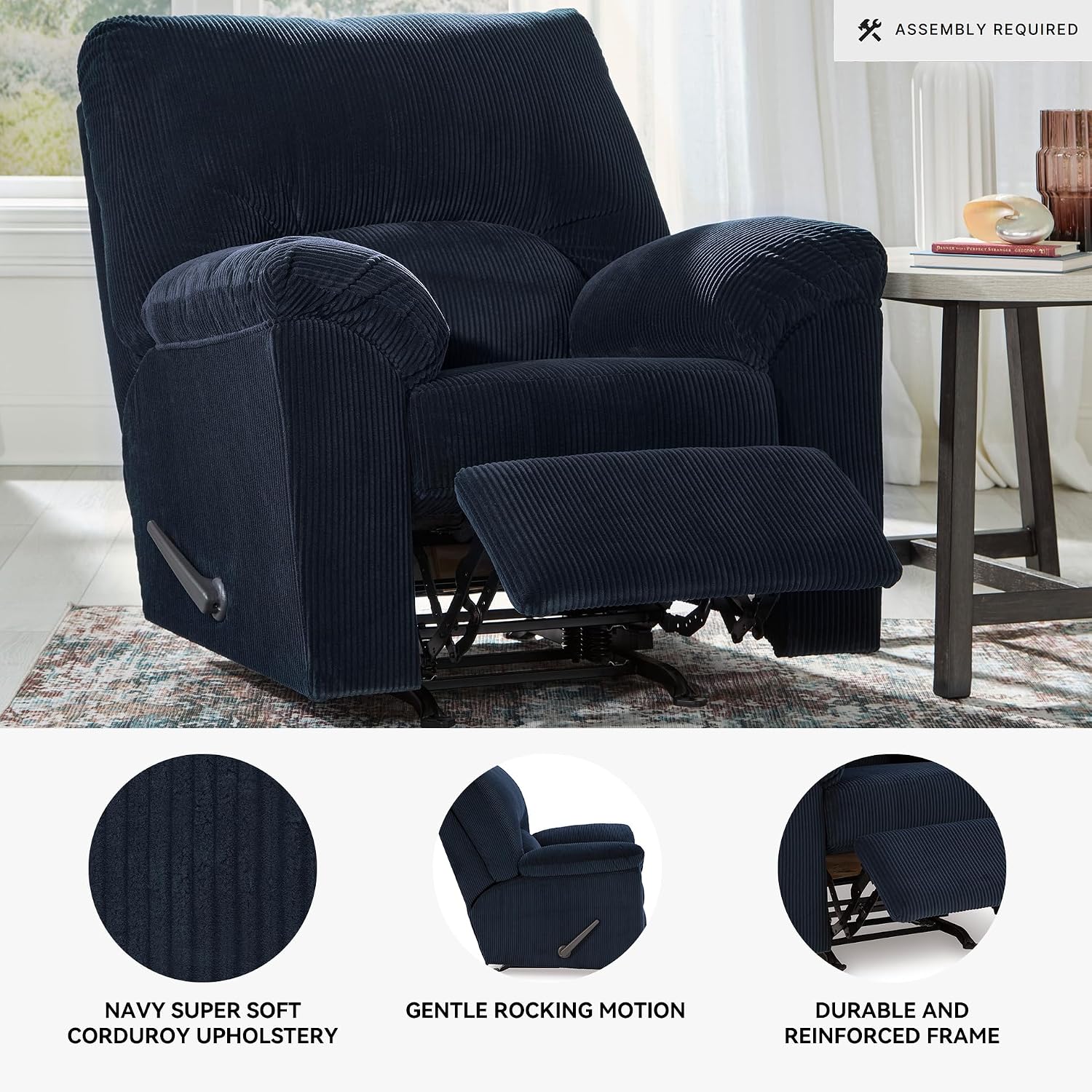 Signature Design by Ashley SimpleJoy Casual Manual Rocker Recliner with Pillow-Top Arms, Blue