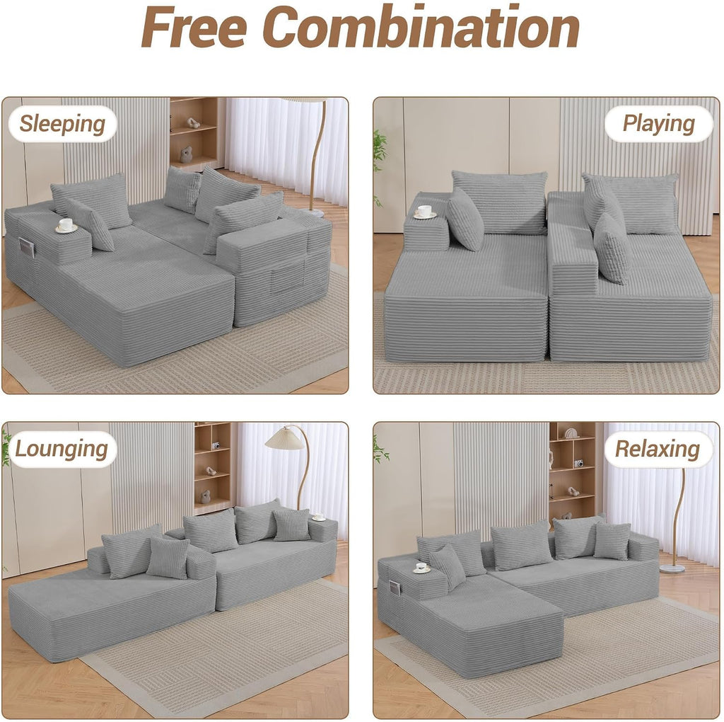 105'' Cloud Sectional Couch, Modular L-Shaped Boneless Sectional Sofa, Corduroy Deep Seat Couch, Small Space Sofas for Living Room Bedroom Apartment, No Assembly, Grey