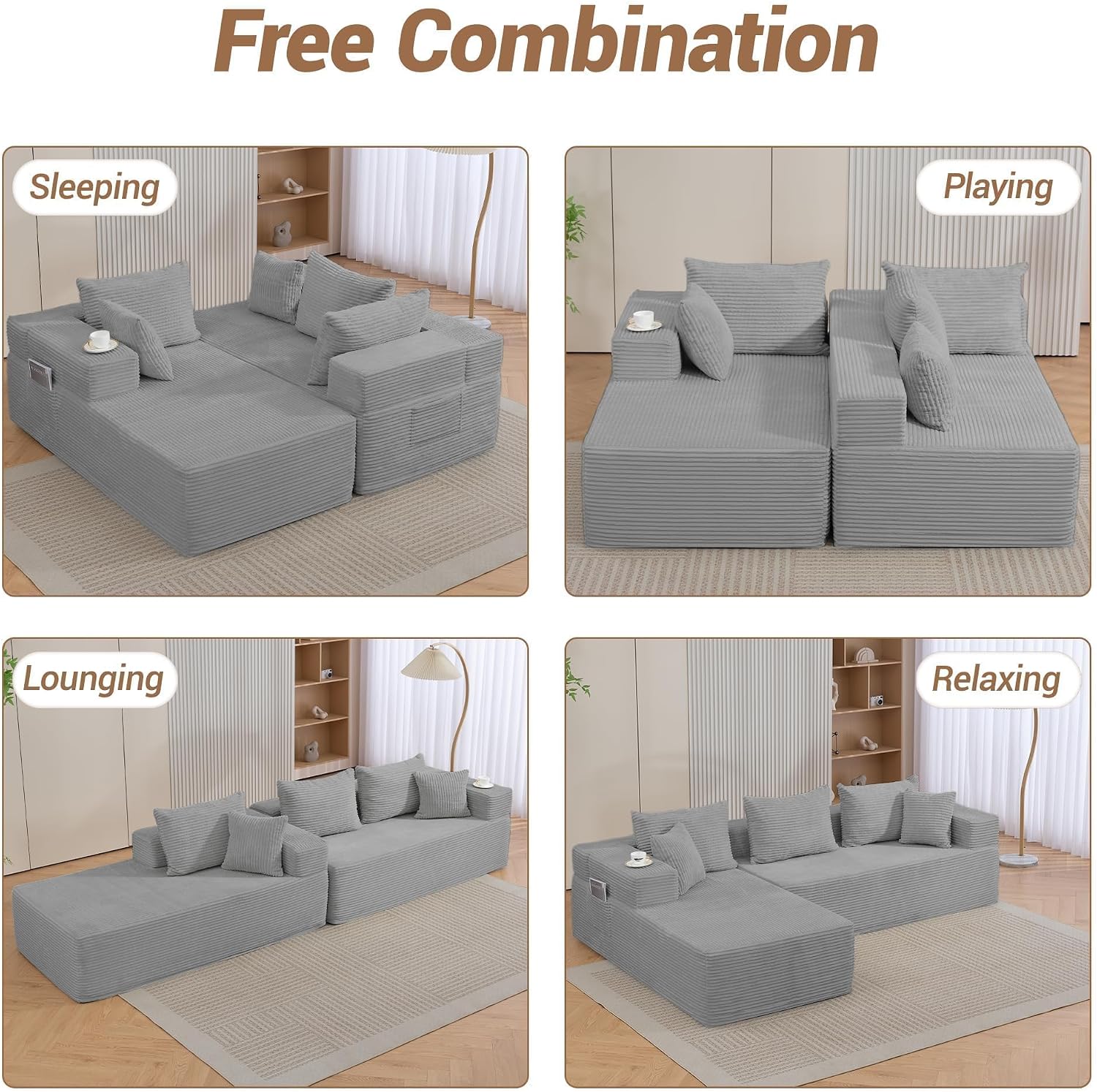 105'' Cloud Sectional Couch, Modular L-Shaped Boneless Sectional Sofa, Corduroy Deep Seat Couch, Small Space Sofas for Living Room Bedroom Apartment, No Assembly, Grey