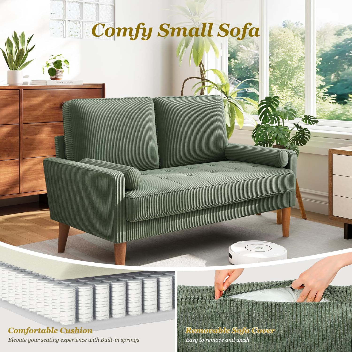 Vesgantti Loveseat Sofa with Solid Wood Legs,48' Small Corduroy Couches for Small Spaces, Mid Century Modern Love Seat for Living Room, Bedroom, Easy Assembly with Throw Pillow, Green