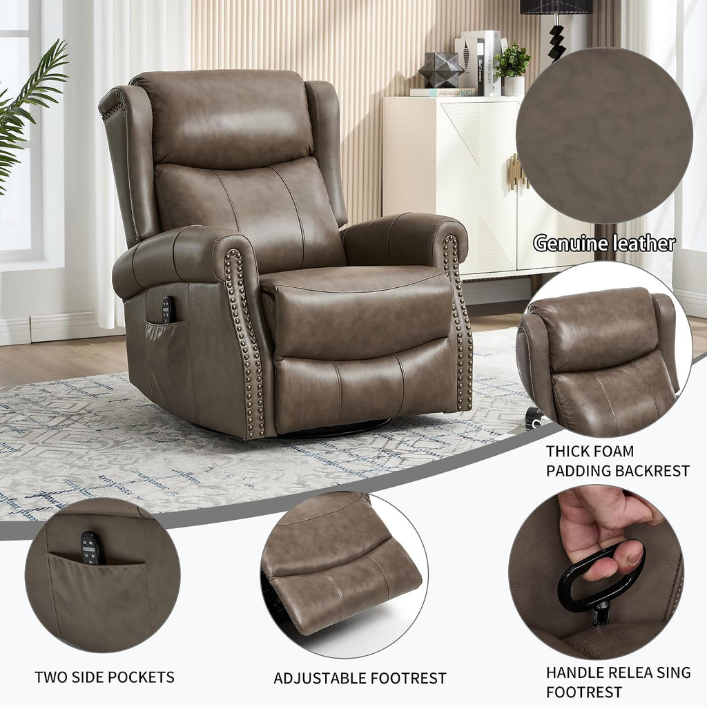 360° Swivel Glider Chair for Nursery, Wingback Genuine Leather Rocking Recliner with Lumbar Heat & Massage, 8-Point Vibration Massage for Living Room Bedroom