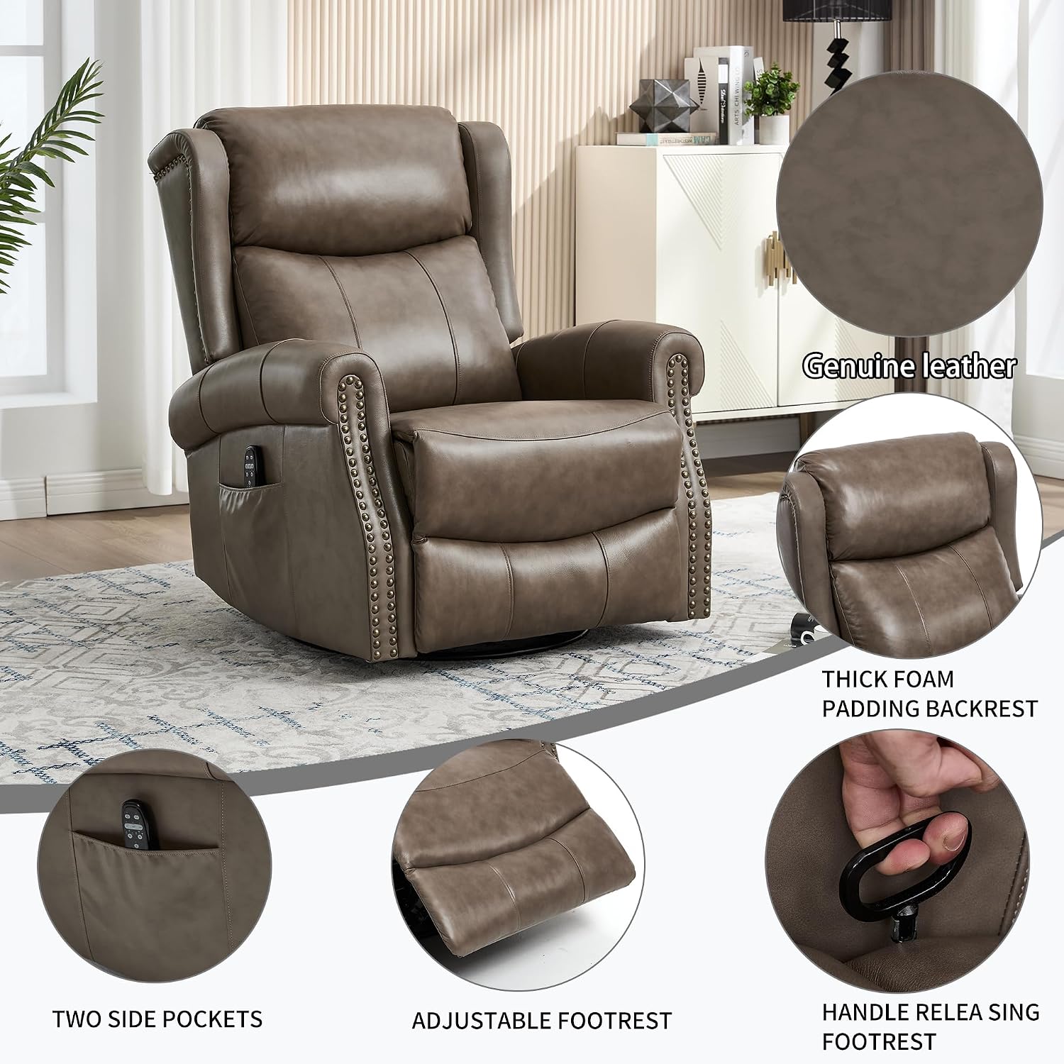 360° Swivel Glider Chair for Nursery, Wingback Genuine Leather Rocking Recliner with Lumbar Heat & Massage, 8-Point Vibration Massage for Living Room Bedroom
